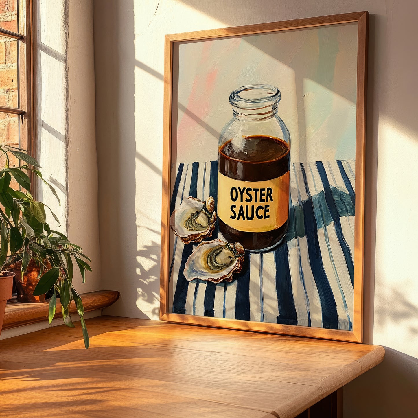 Oyster Sauce – on Striped Tablecloth, Grocery Painting, clean layout with no caption