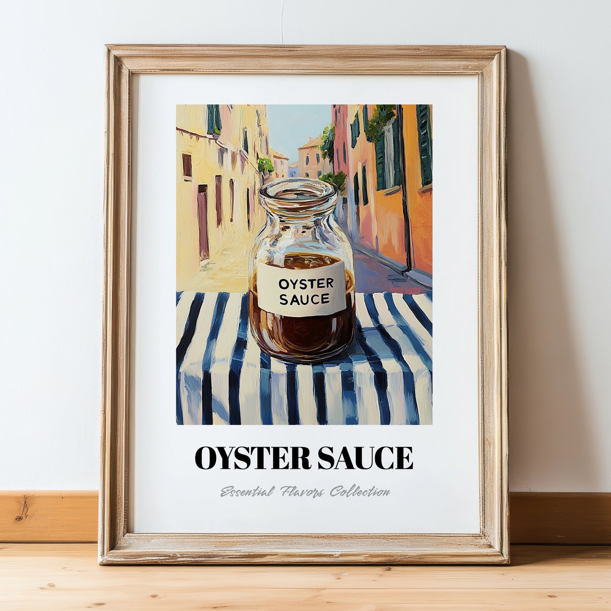 Oyster Sauce – Italian Street Café Scene, Kitchen Storage Painting, in wooden frame leaning on the floor