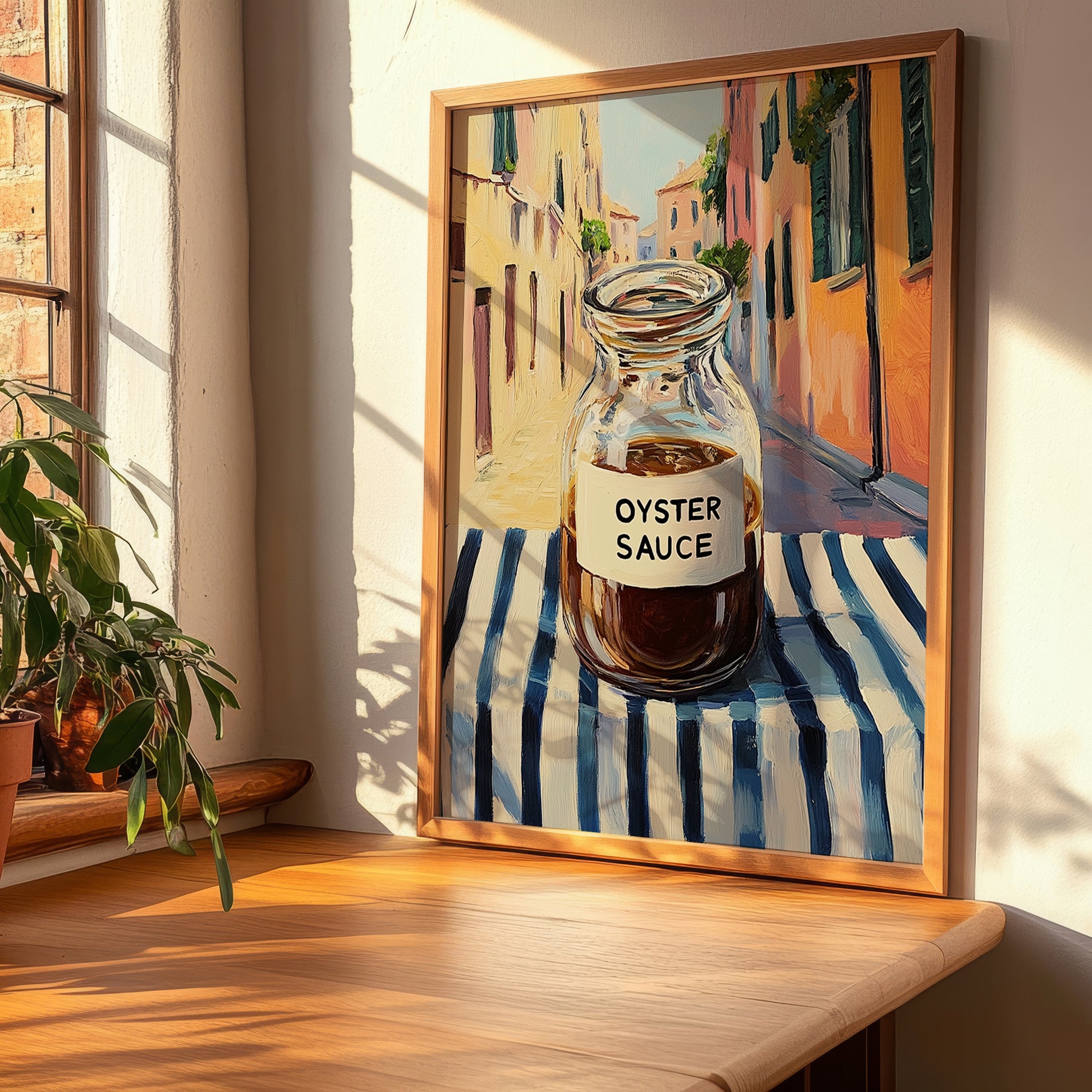 Oyster Sauce – Italian Street Café Scene, Kitchen Storage Painting, clean layout with no caption