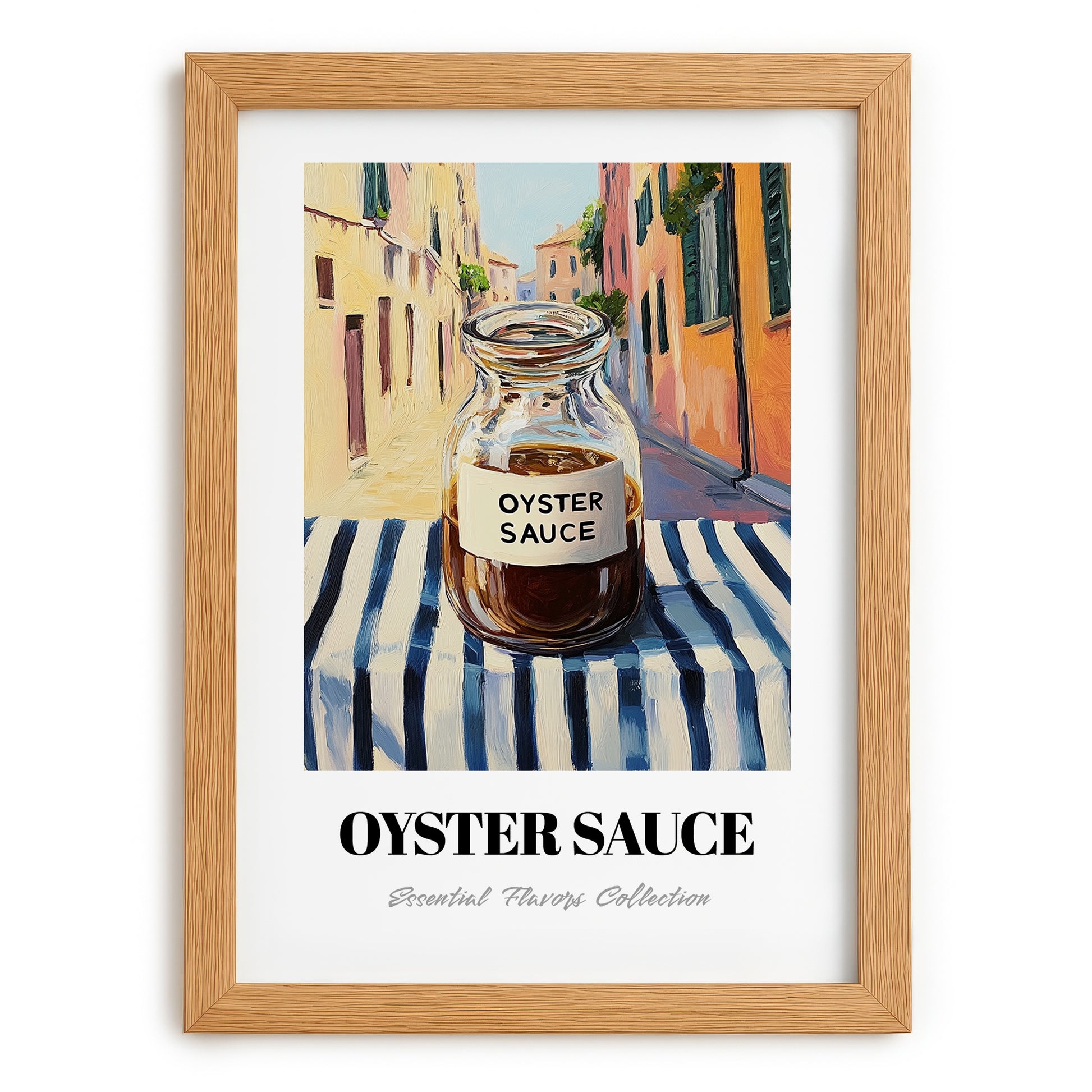 Oyster Sauce – Italian Street Café Scene, Kitchen Storage Painting, set in oak frame
