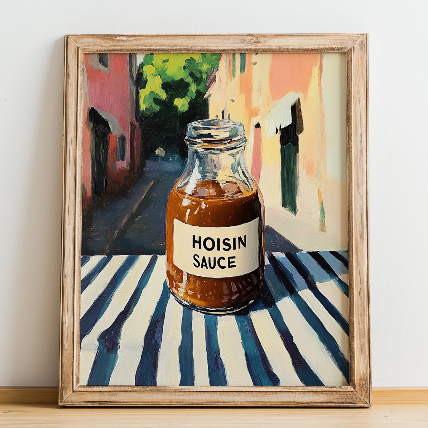Hoisin Sauce – Italian Outdoor Café Scene, Larder Art, no-text version framed in wood