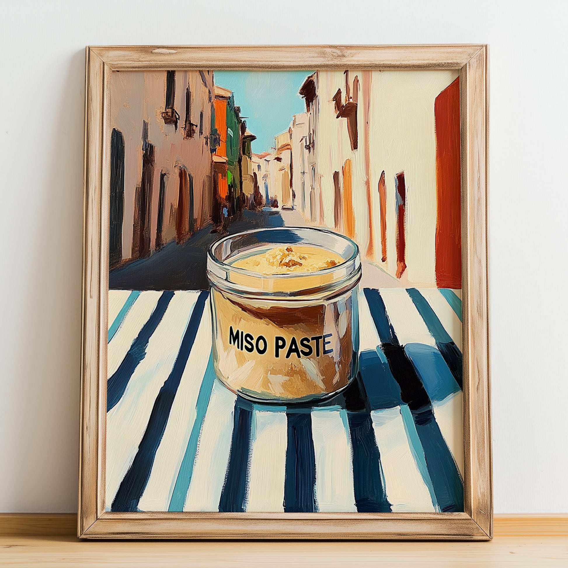 Miso Paste – Italian Street Café Scene, Dry Goods Painting, no-text version framed in wood