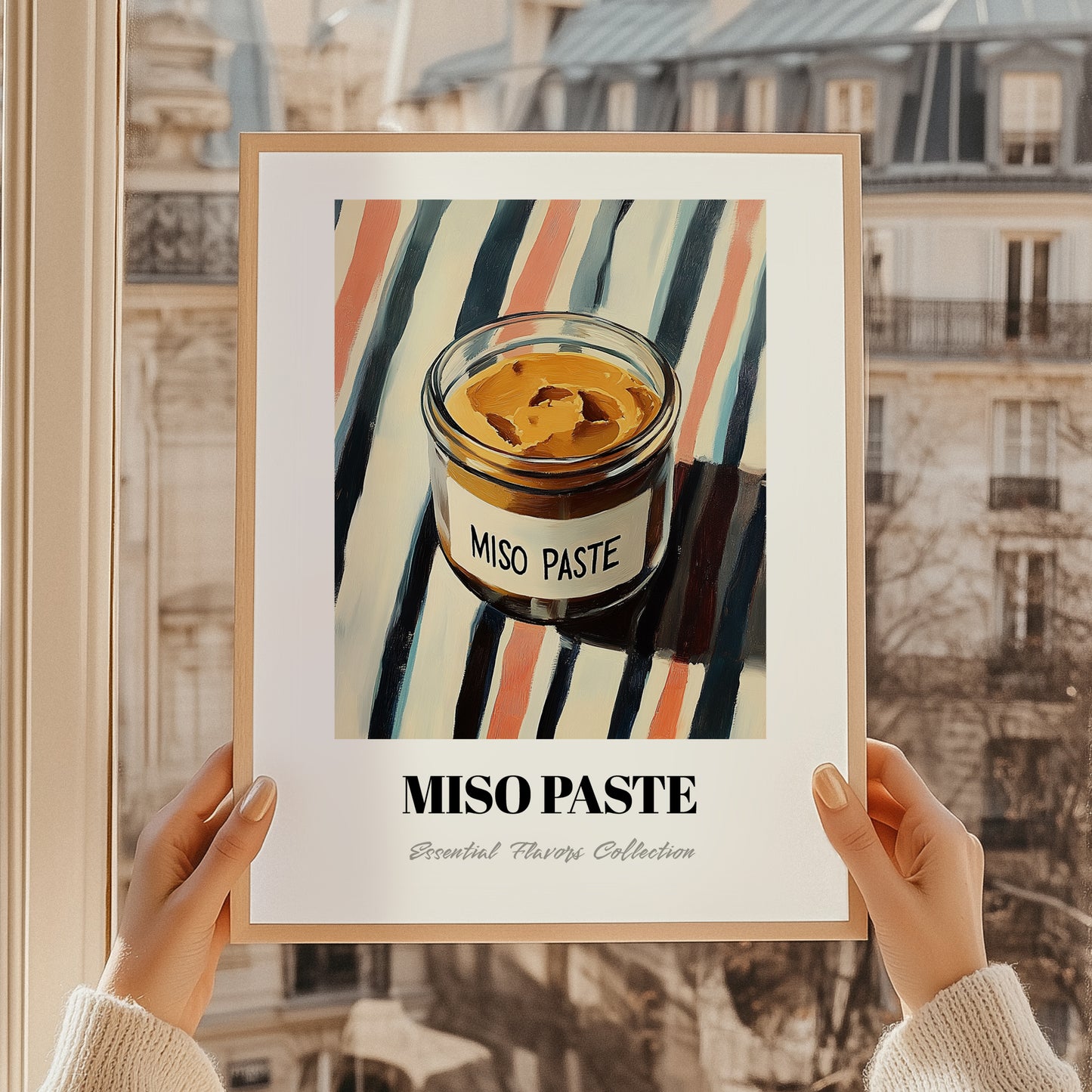 Miso Paste – on Striped Tablecloth, Larder Wall Art, styled in a charming Paris street view