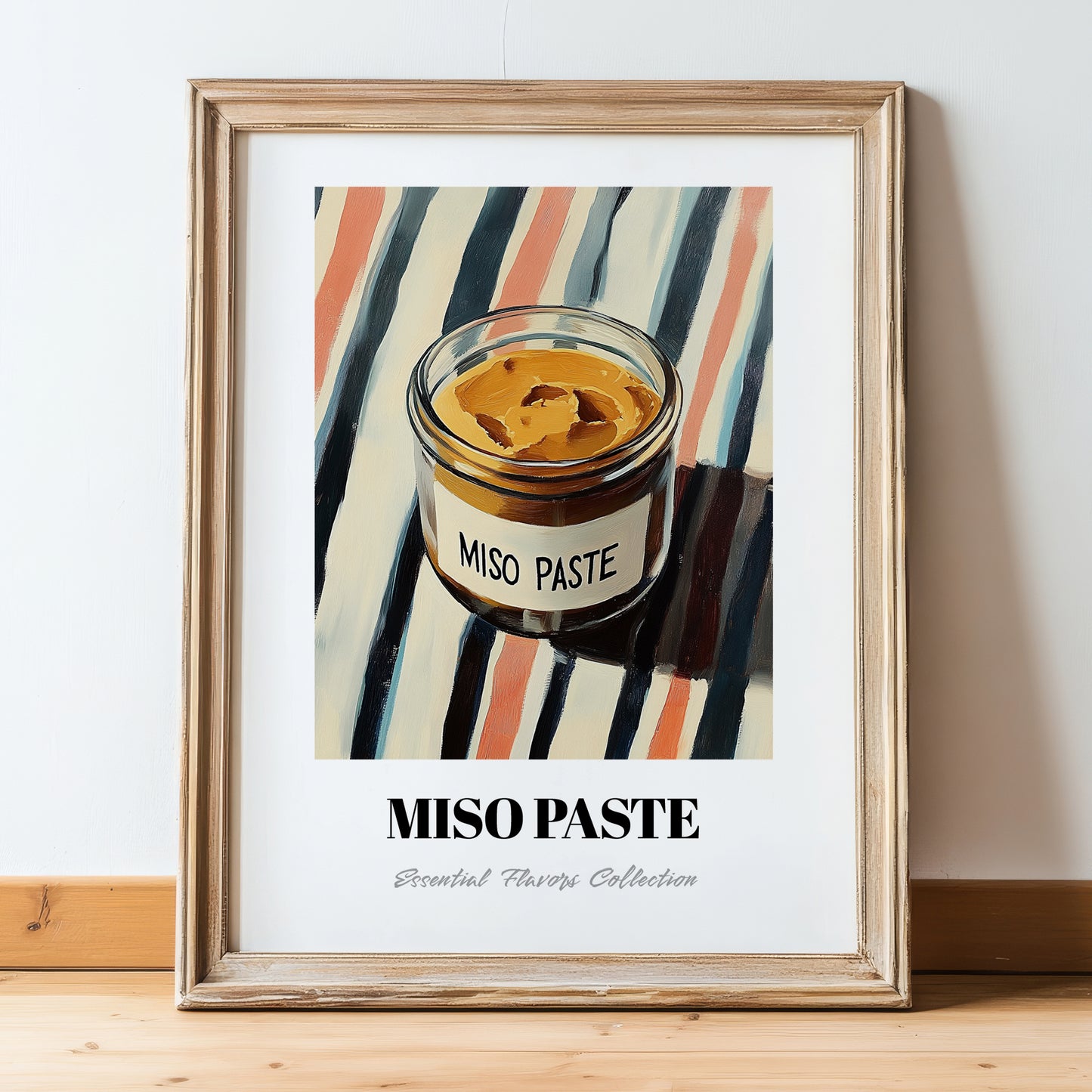 Miso Paste – on Striped Tablecloth, Larder Wall Art, in wooden frame leaning on the floor