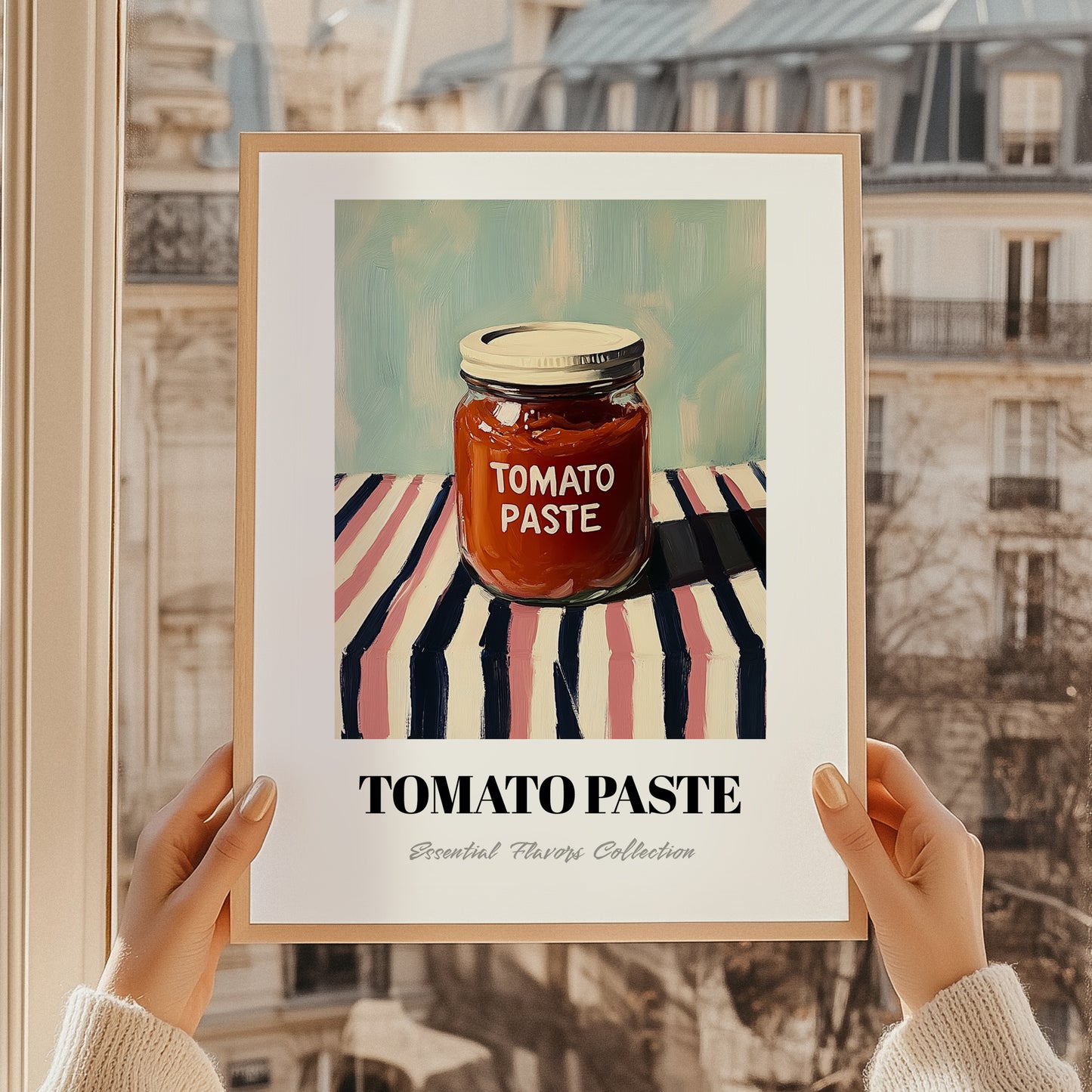 Tomato Paste – on Striped Tablecloth, Pantry Still Life, styled in a charming Paris street view