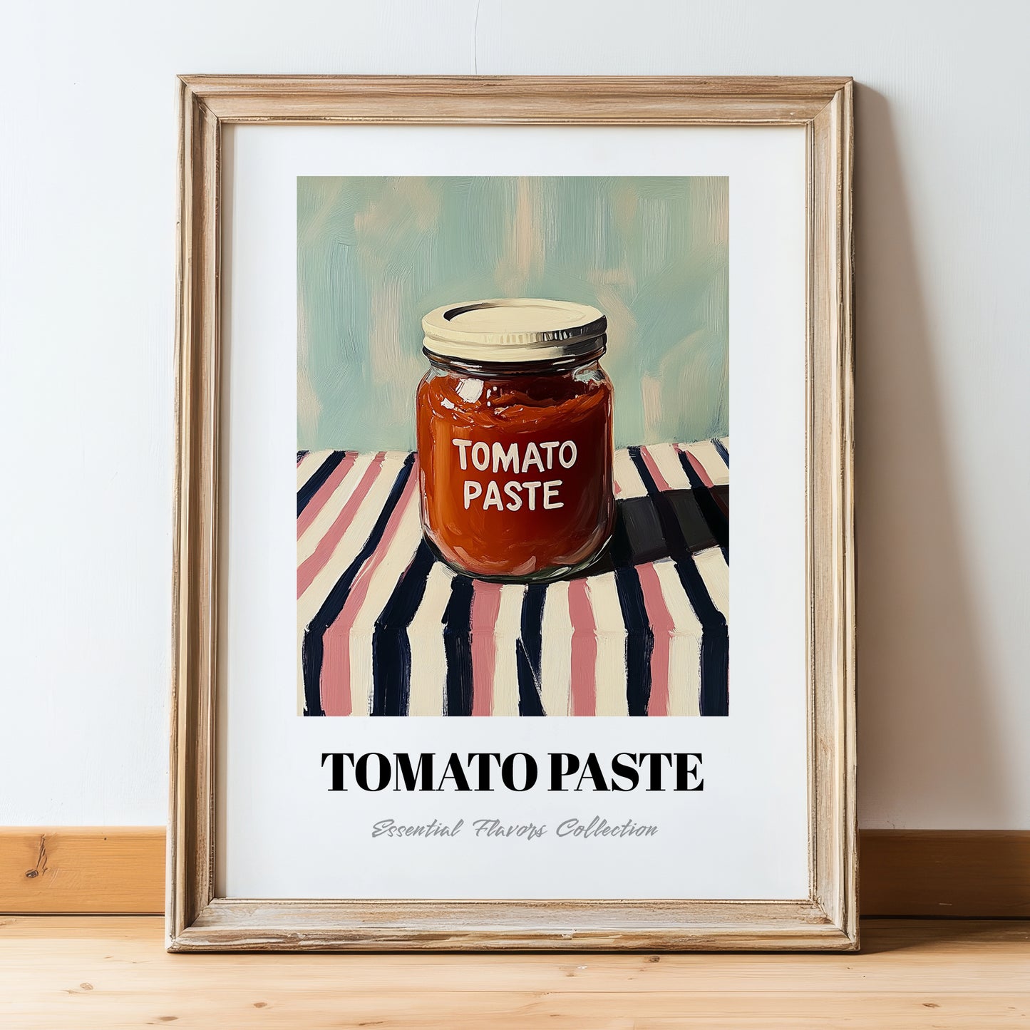 Tomato Paste – on Striped Tablecloth, Pantry Still Life, in wooden frame leaning on the floor
