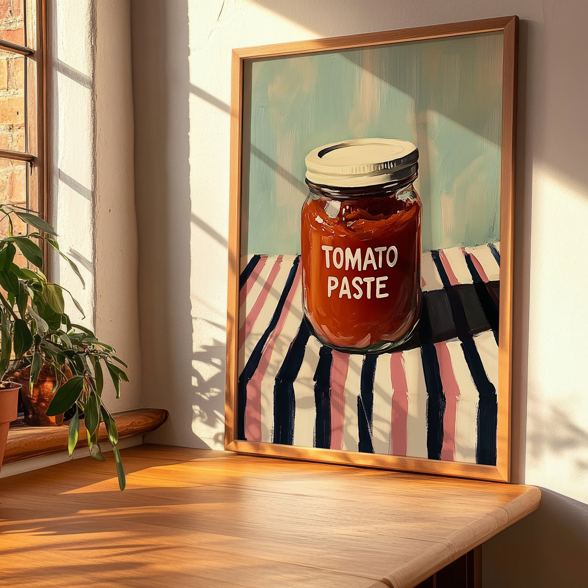 Tomato Paste – on Striped Tablecloth, Pantry Still Life, clean layout with no caption