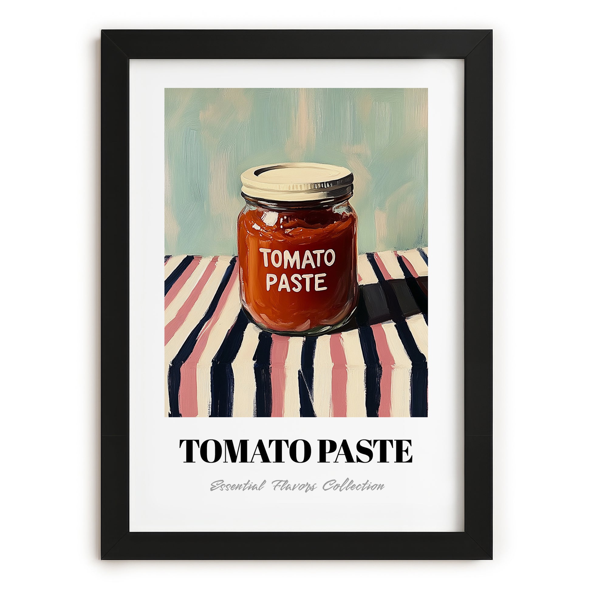 Tomato Paste – on Striped Tablecloth, Pantry Still Life, in sleek black frame