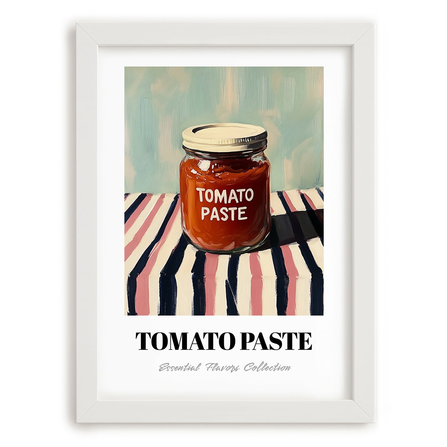 Tomato Paste – on Striped Tablecloth, Pantry Still Life, placed in minimal white frame