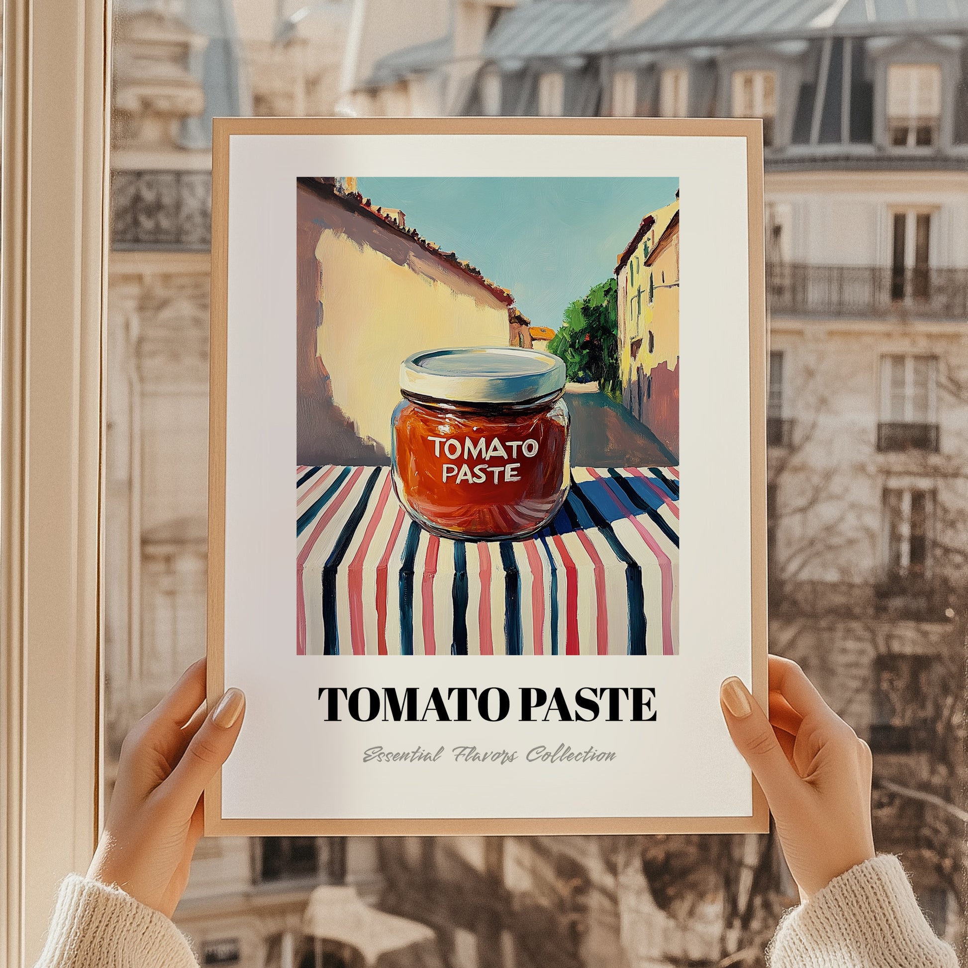 Tomato Paste – Italian Urban Café Scene, Ingredients Corner Still Life, styled in a charming Paris street view