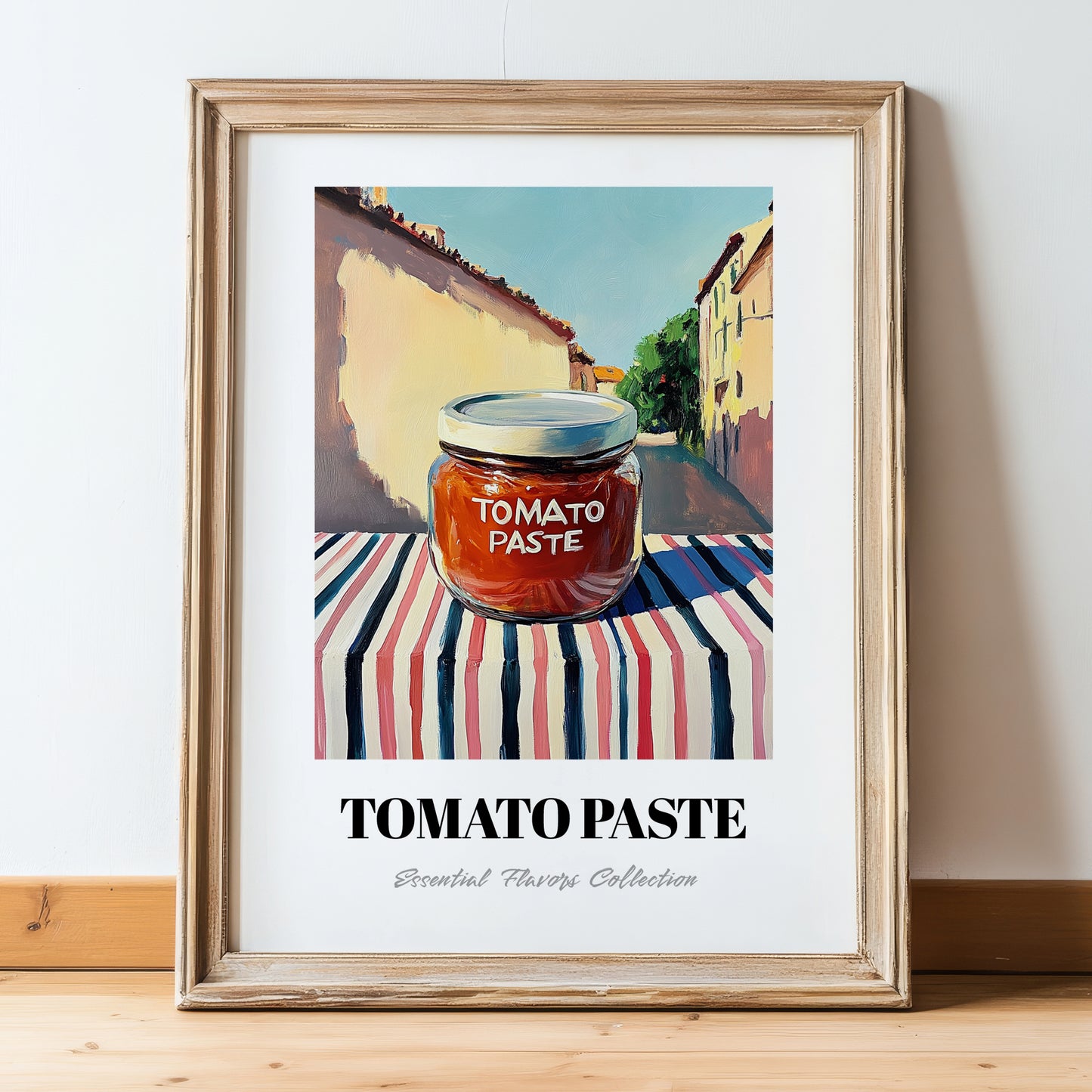 Tomato Paste – Italian Urban Café Scene, Ingredients Corner Still Life, in wooden frame leaning on the floor