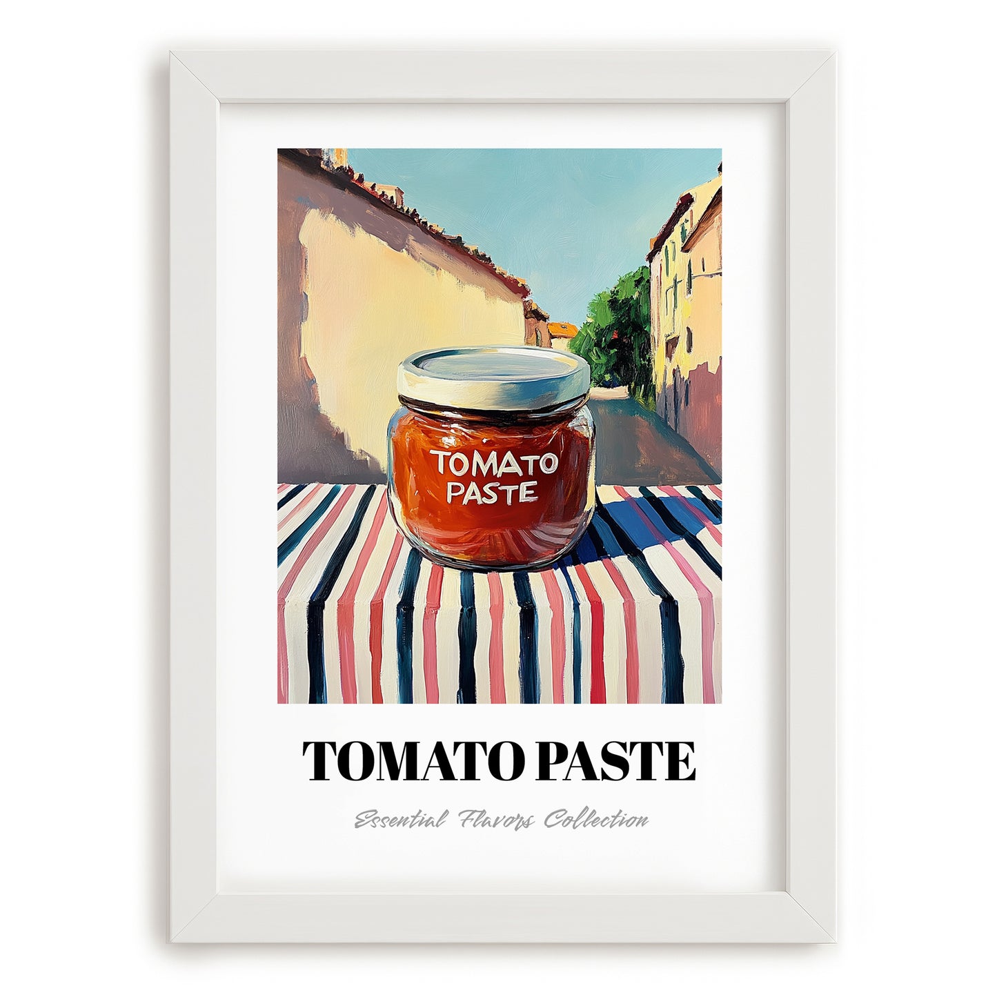Tomato Paste – Italian Urban Café Scene, Ingredients Corner Still Life, placed in minimal white frame