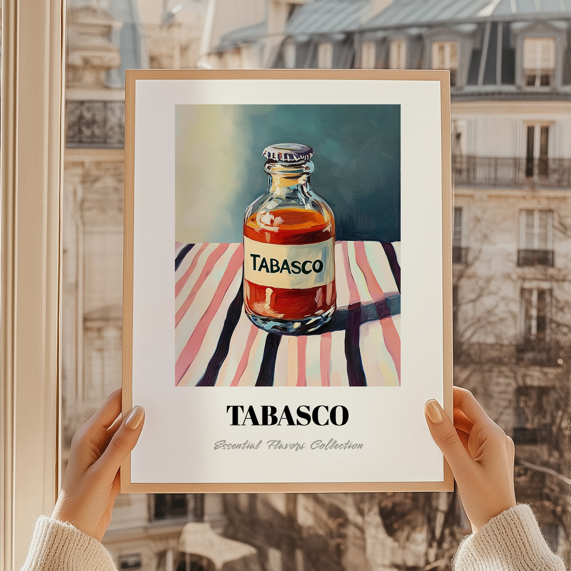 Tabasco – on Striped Tablecloth, Pantry Art, styled in a charming Paris street view
