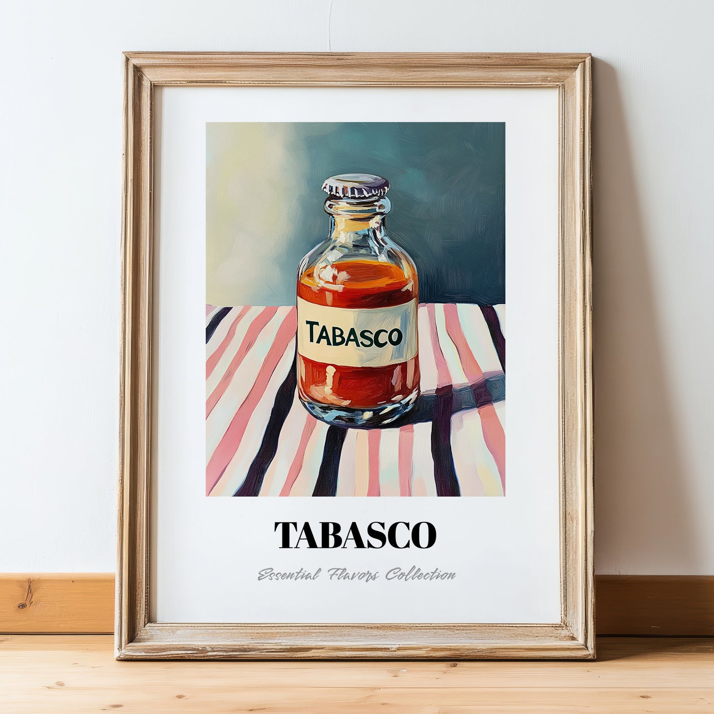 Tabasco – on Striped Tablecloth, Pantry Art, in wooden frame leaning on the floor