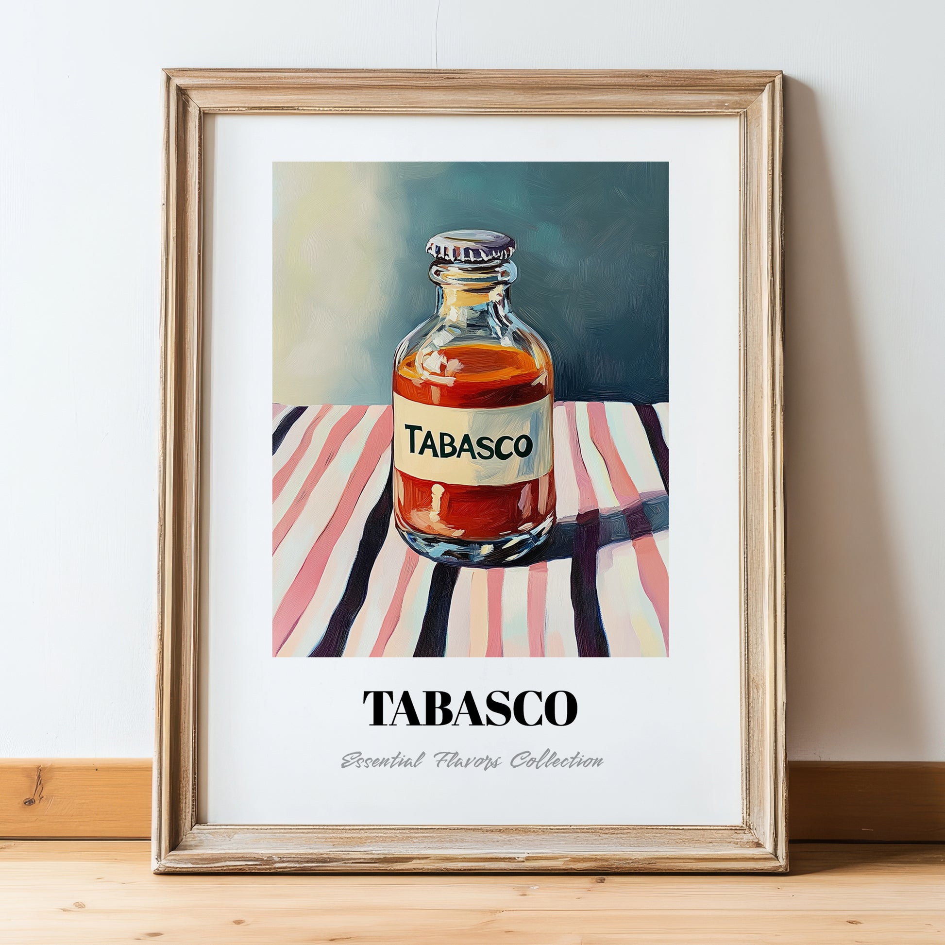 Tabasco – on Striped Tablecloth, Pantry Art, in wooden frame leaning on the floor