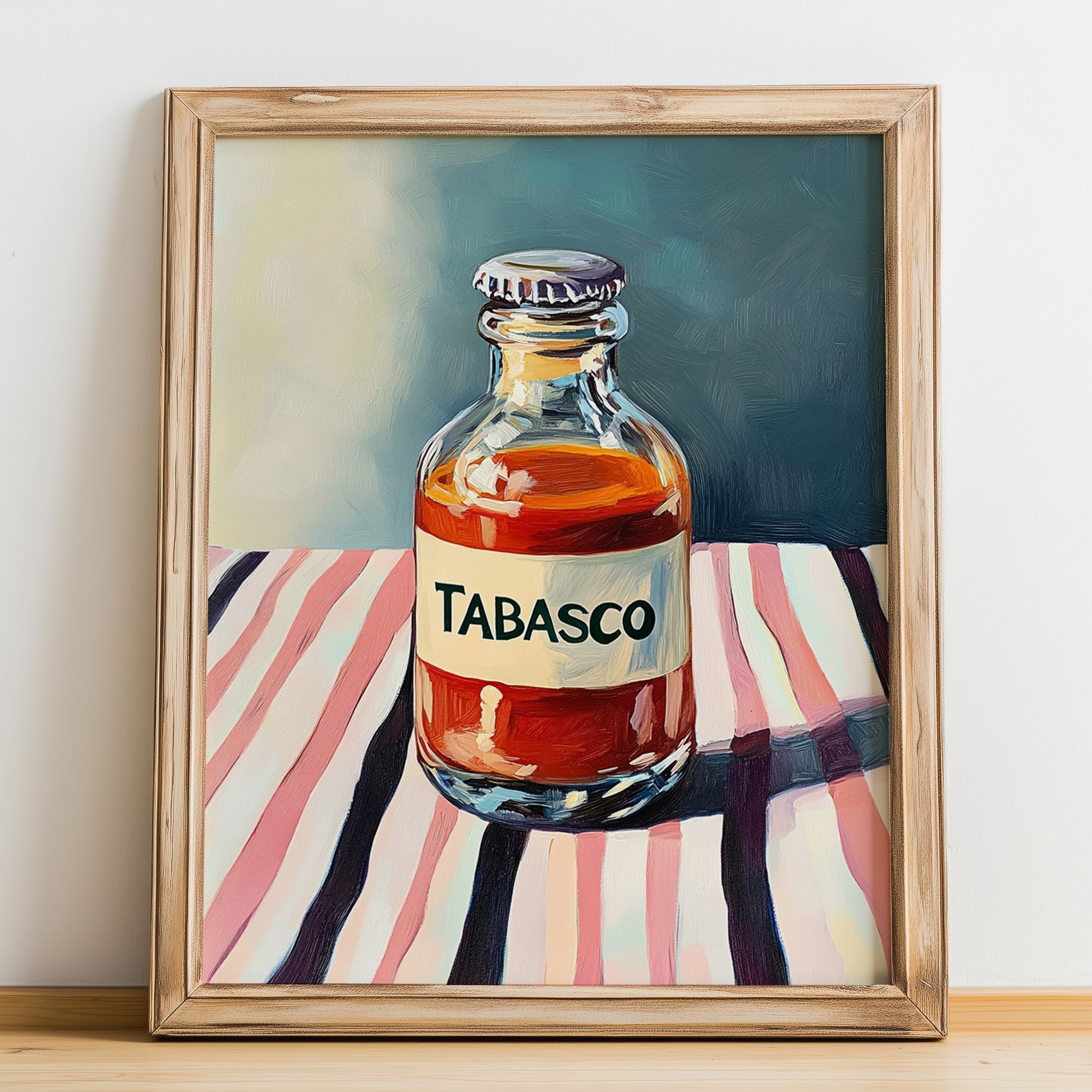 Tabasco – on Striped Tablecloth, Pantry Art, no-text version framed in wood