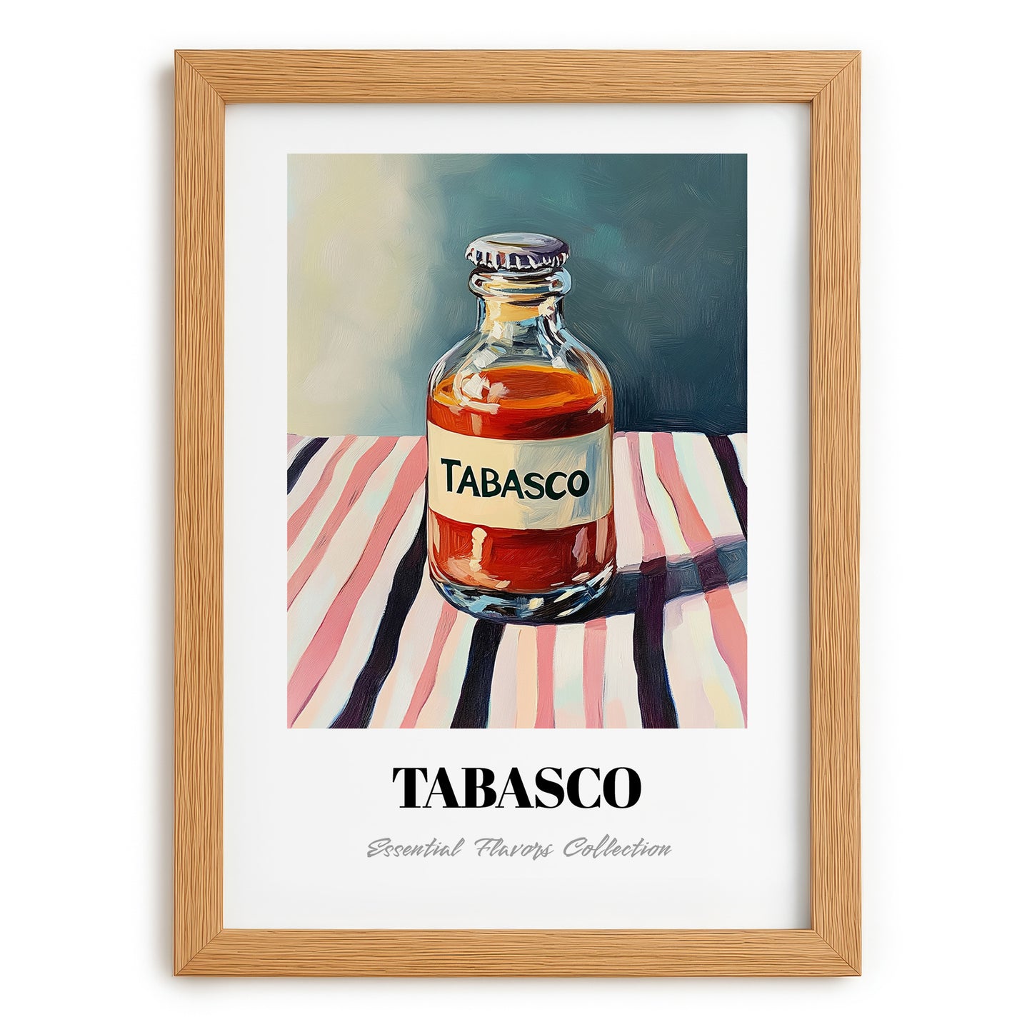 Tabasco – on Striped Tablecloth, Pantry Art, set in oak frame