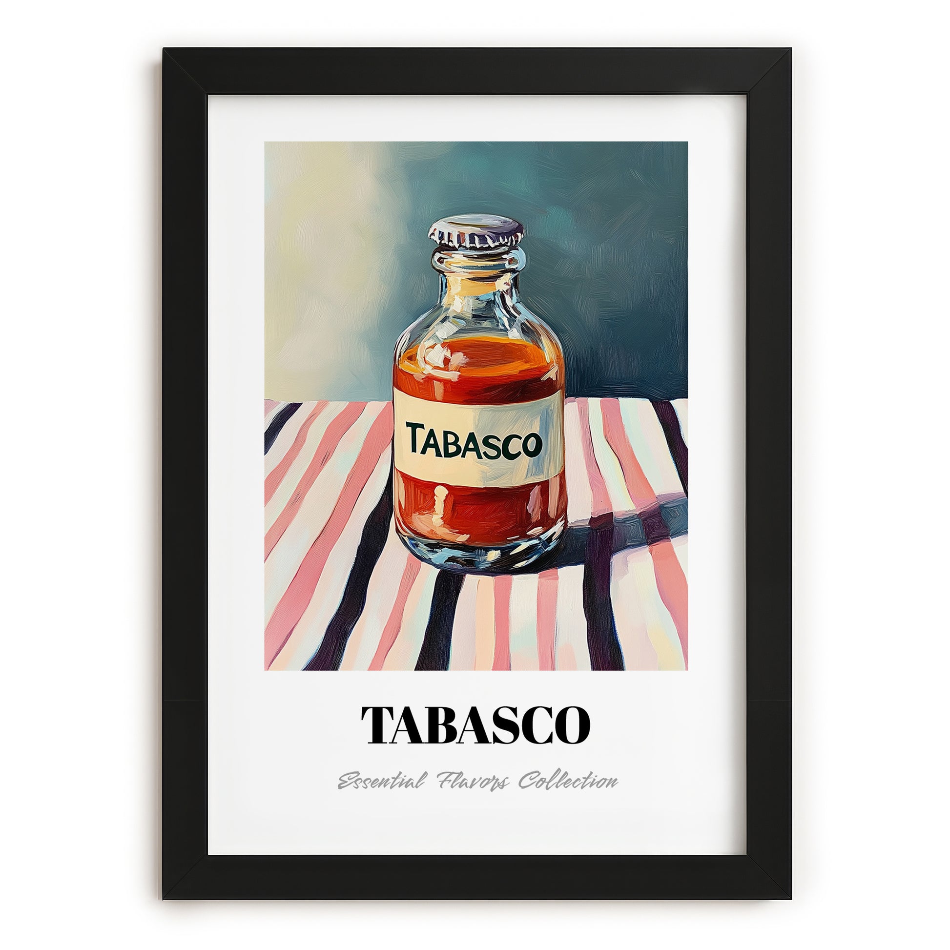 Tabasco – on Striped Tablecloth, Pantry Art, in sleek black frame