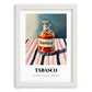 Tabasco – on Striped Tablecloth, Pantry Art, placed in minimal white frame