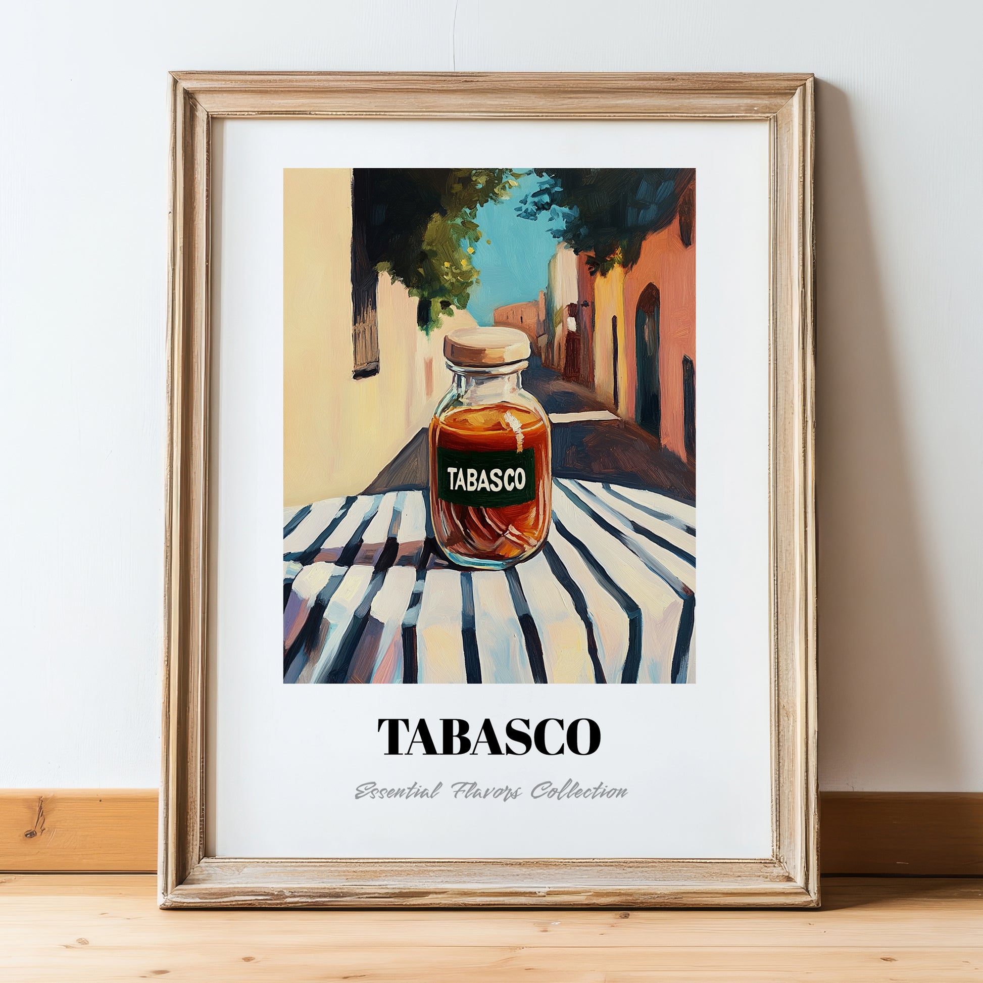 Tabasco – Italian Café on the Corner, Dry Goods Painting, in wooden frame leaning on the floor
