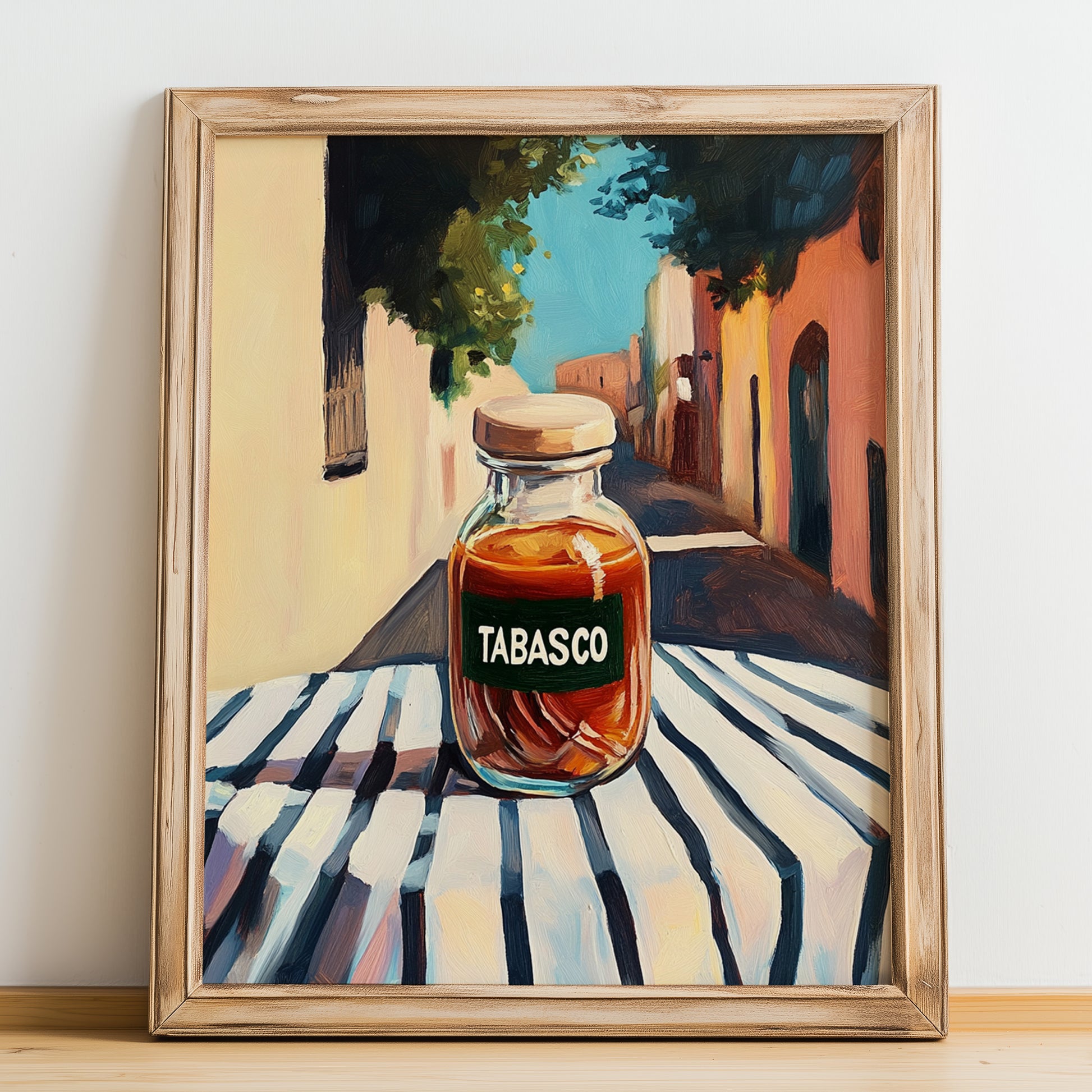 Tabasco – Italian Café on the Corner, Dry Goods Painting, no-text version framed in wood