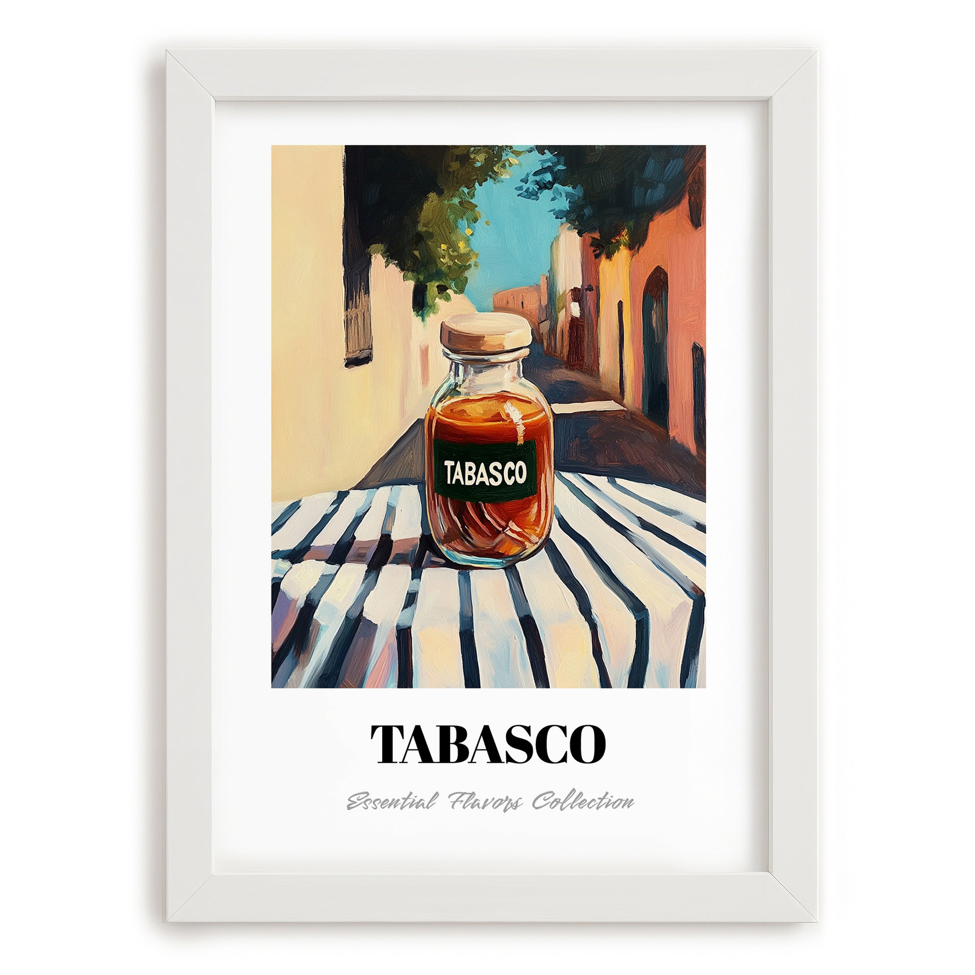 Tabasco – Italian Café on the Corner, Dry Goods Painting, placed in minimal white frame