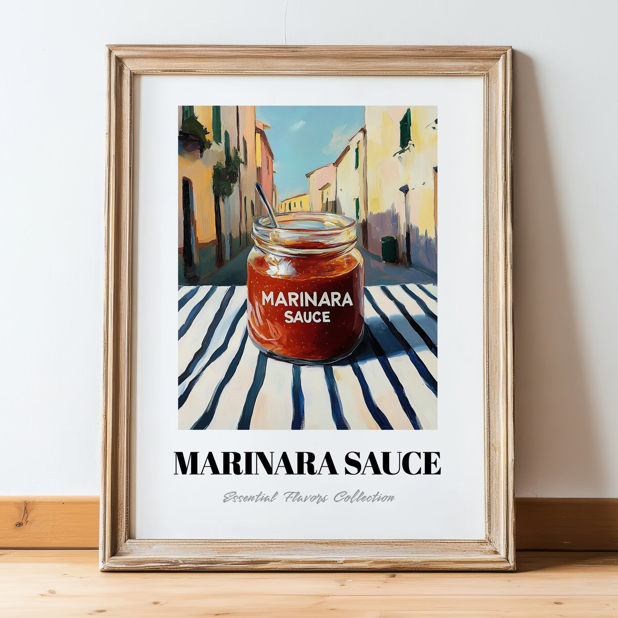 Marinara Sauce – Italian Café on the Corner, Pantry Art, in wooden frame leaning on the floor