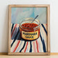 Marinara Sauce – on Striped Tablecloth, Grocery Wall Painting, no-text version framed in wood