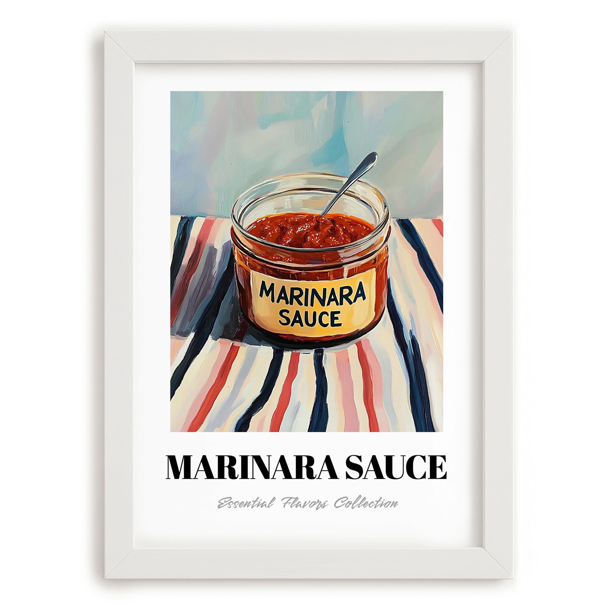 Marinara Sauce – on Striped Tablecloth, Grocery Wall Painting, placed in minimal white frame
