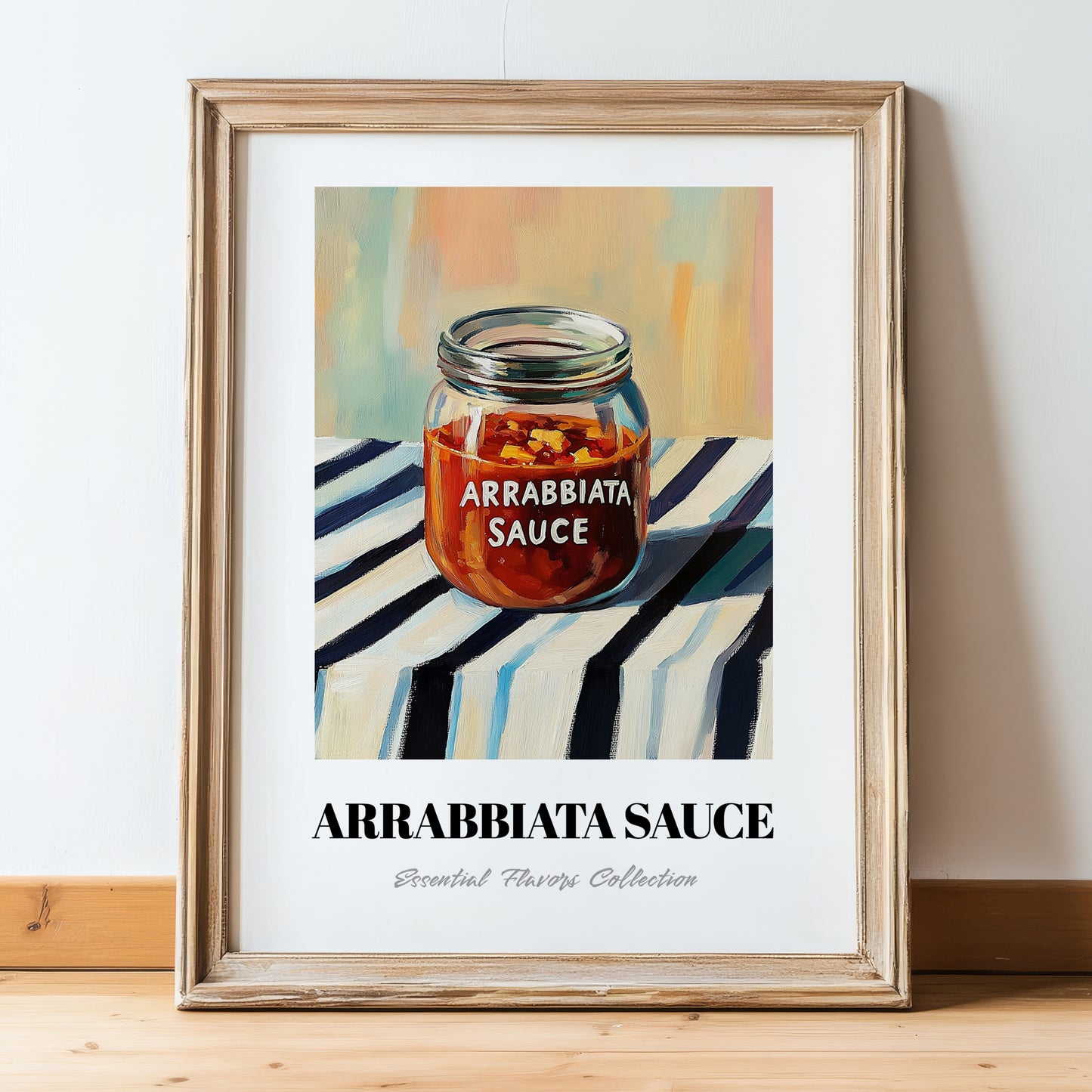 Arrabbiata Sauce – on Striped Tablecloth, Dry Goods Poster, in wooden frame leaning on the floor