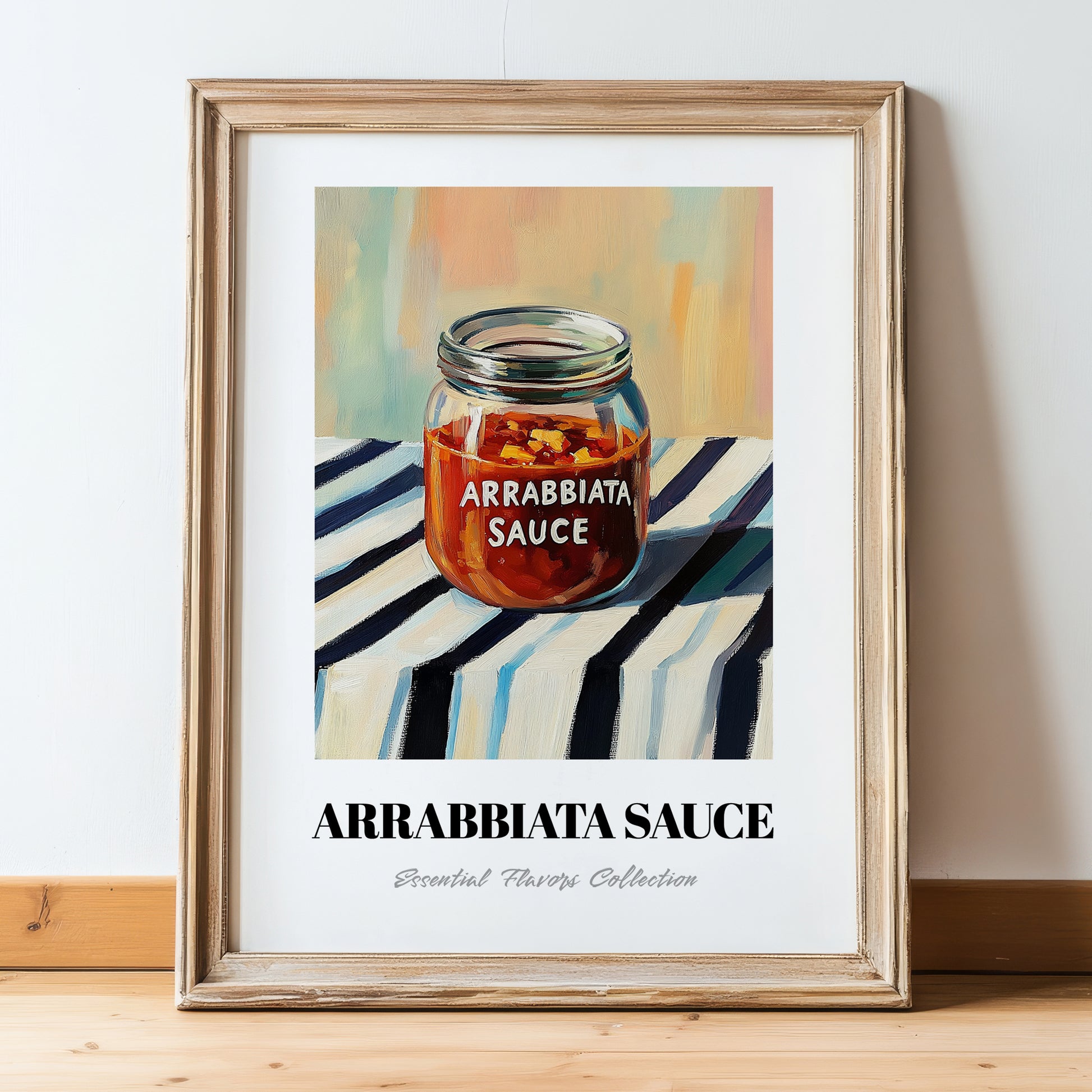 Arrabbiata Sauce – on Striped Tablecloth, Dry Goods Poster, in wooden frame leaning on the floor
