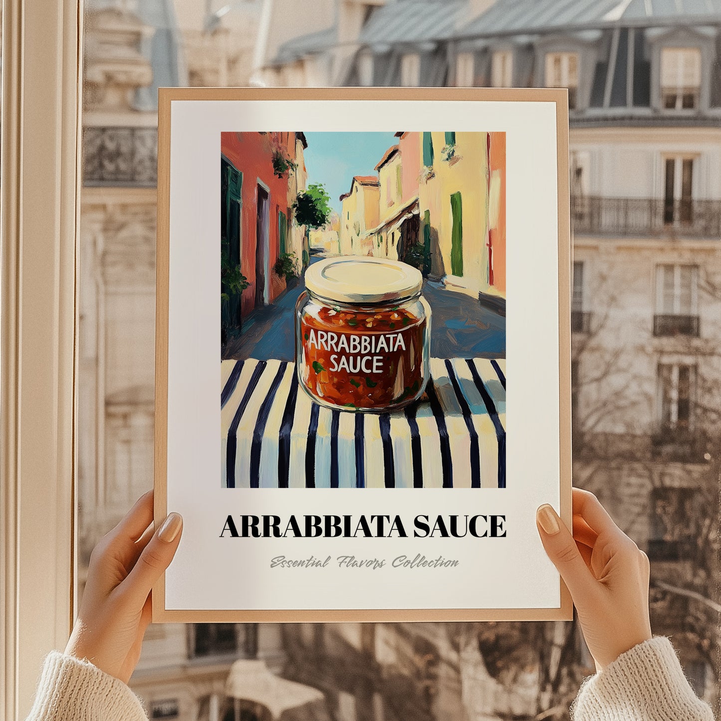 Arrabbiata Sauce – Italian Street Café Scene, Larder Illustration, styled in a charming Paris street view