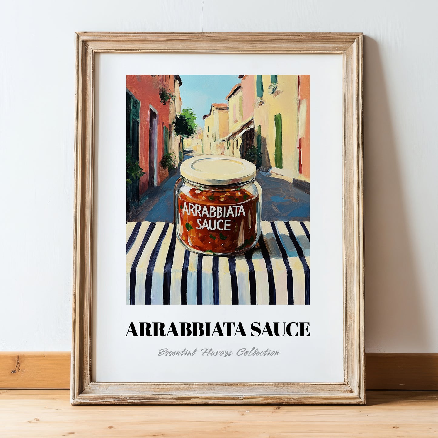Arrabbiata Sauce – Italian Street Café Scene, Larder Illustration, in wooden frame leaning on the floor