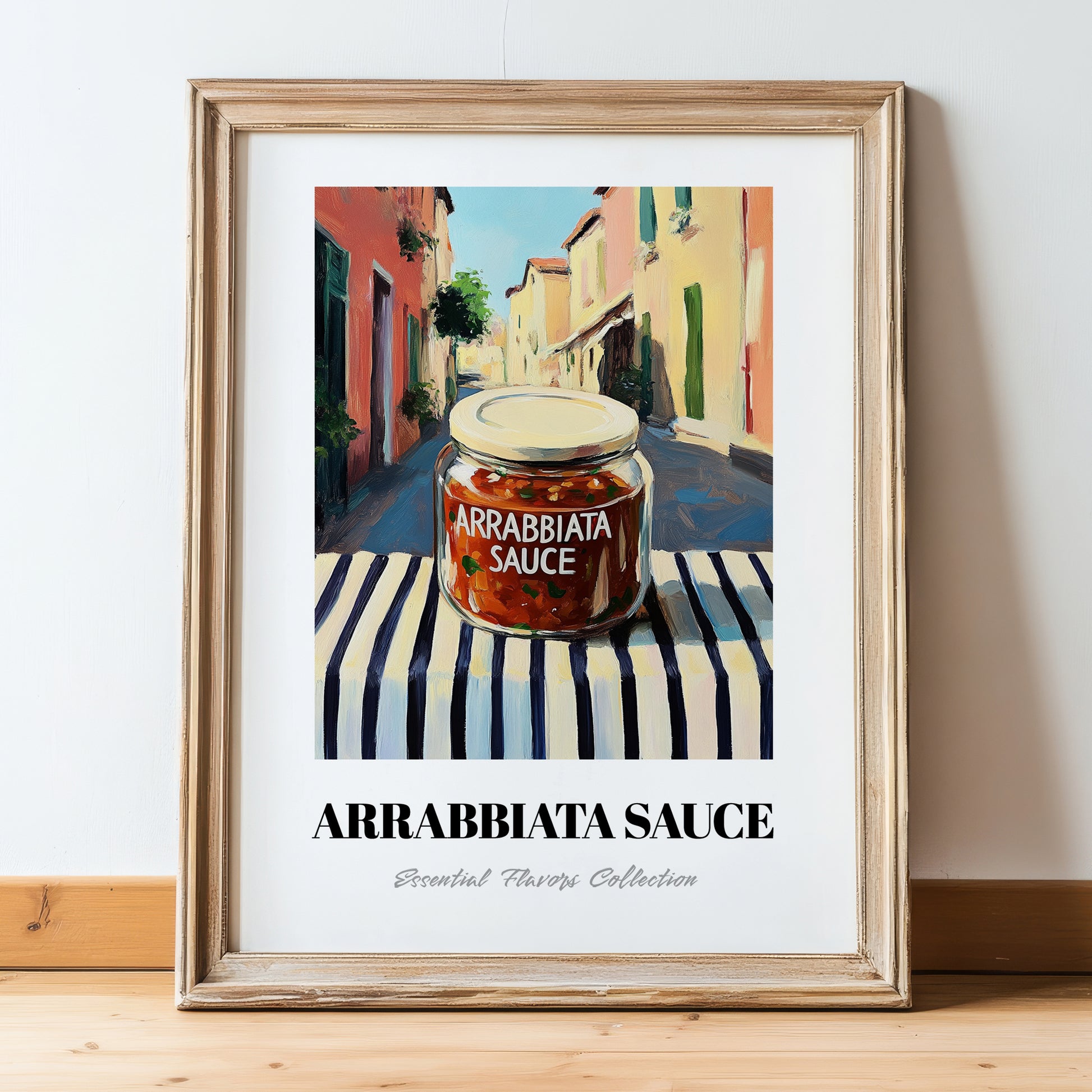 Arrabbiata Sauce – Italian Street Café Scene, Larder Illustration, in wooden frame leaning on the floor