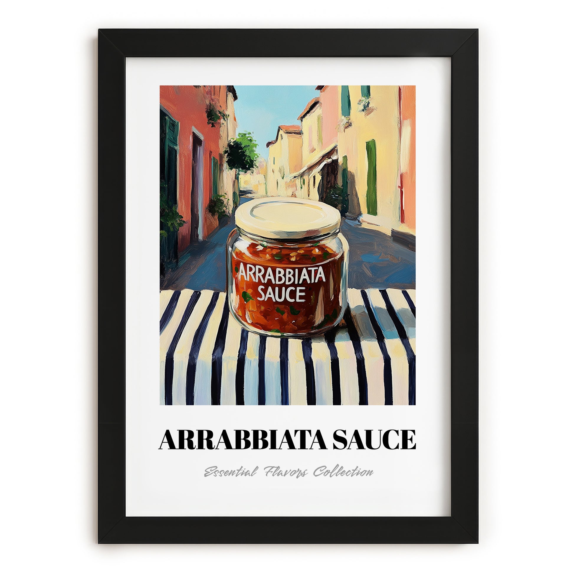 Arrabbiata Sauce – Italian Street Café Scene, Larder Illustration, in sleek black frame