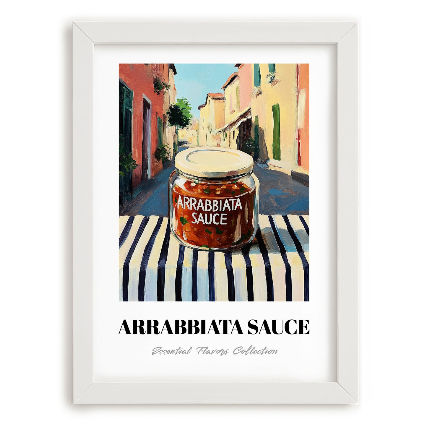Arrabbiata Sauce – Italian Street Café Scene, Larder Illustration, placed in minimal white frame