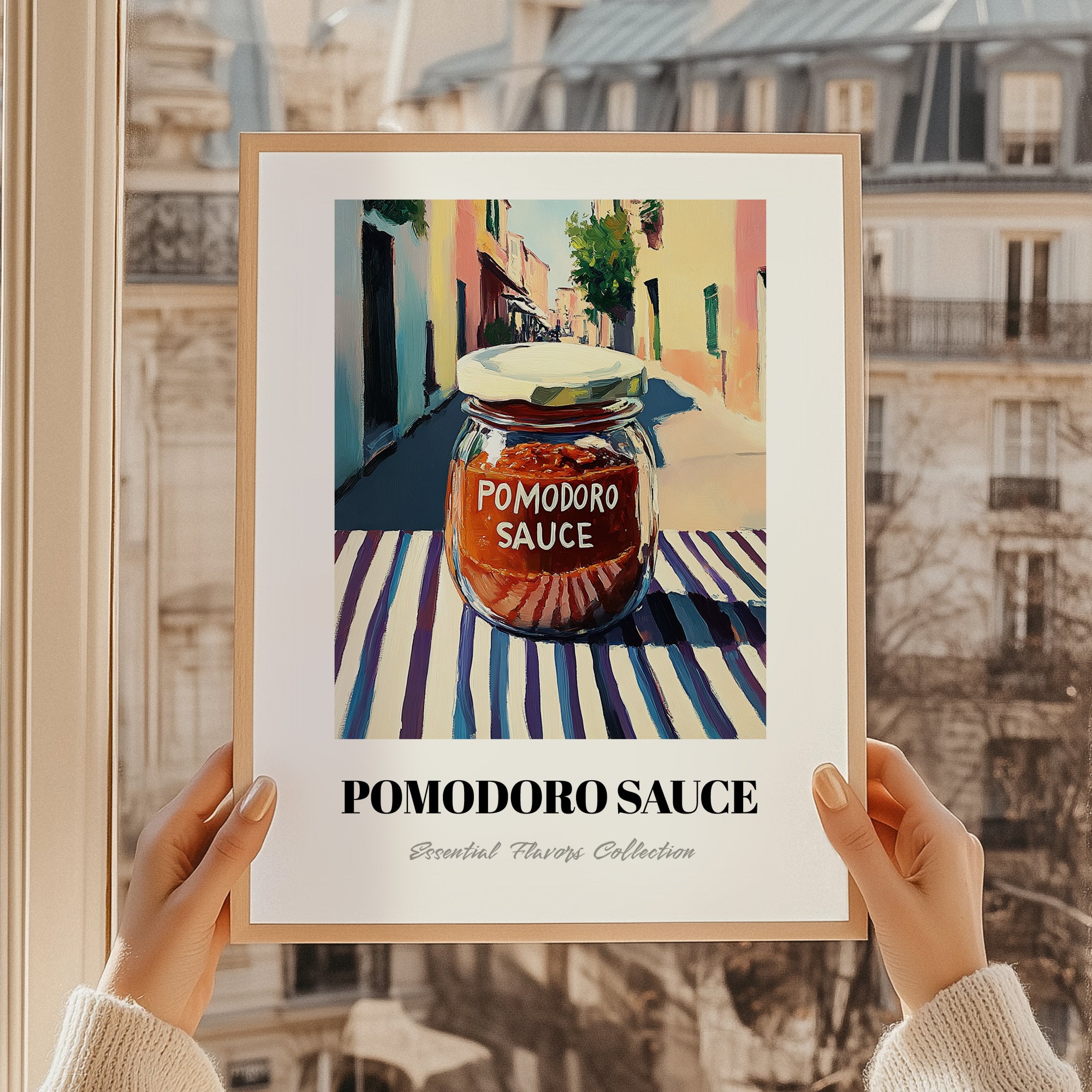 Pomodoro Sauce – Italian Street Café Scene, Food Stash Illustration, styled in a charming Paris street view