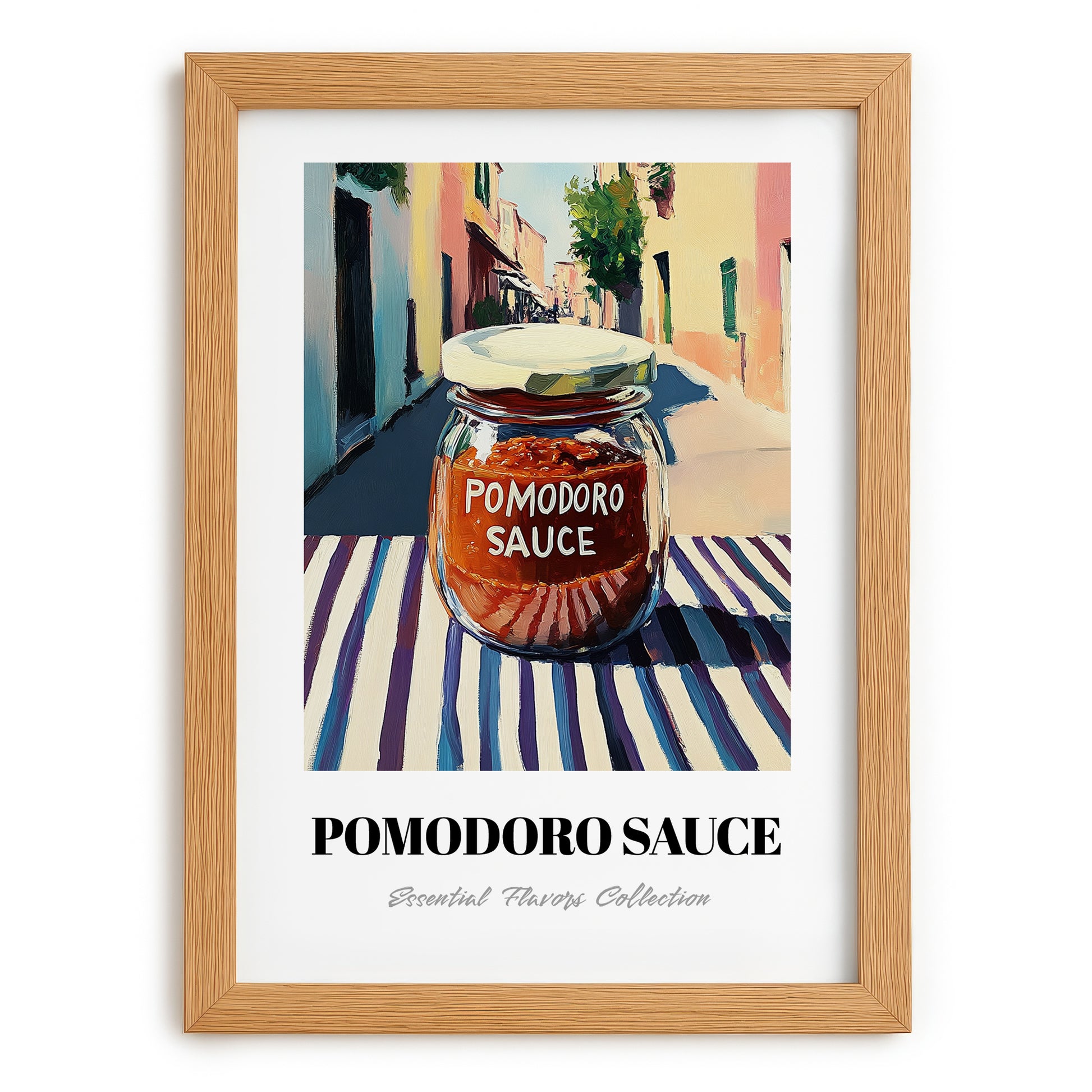 Pomodoro Sauce – Italian Street Café Scene, Food Stash Illustration, set in oak frame