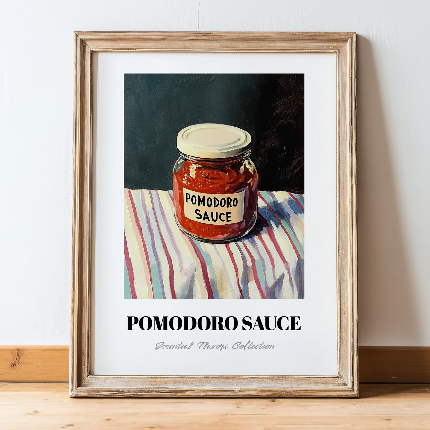 Pomodoro Sauce – on Striped Tablecloth, Grocery Wall Decor, in wooden frame leaning on the floor