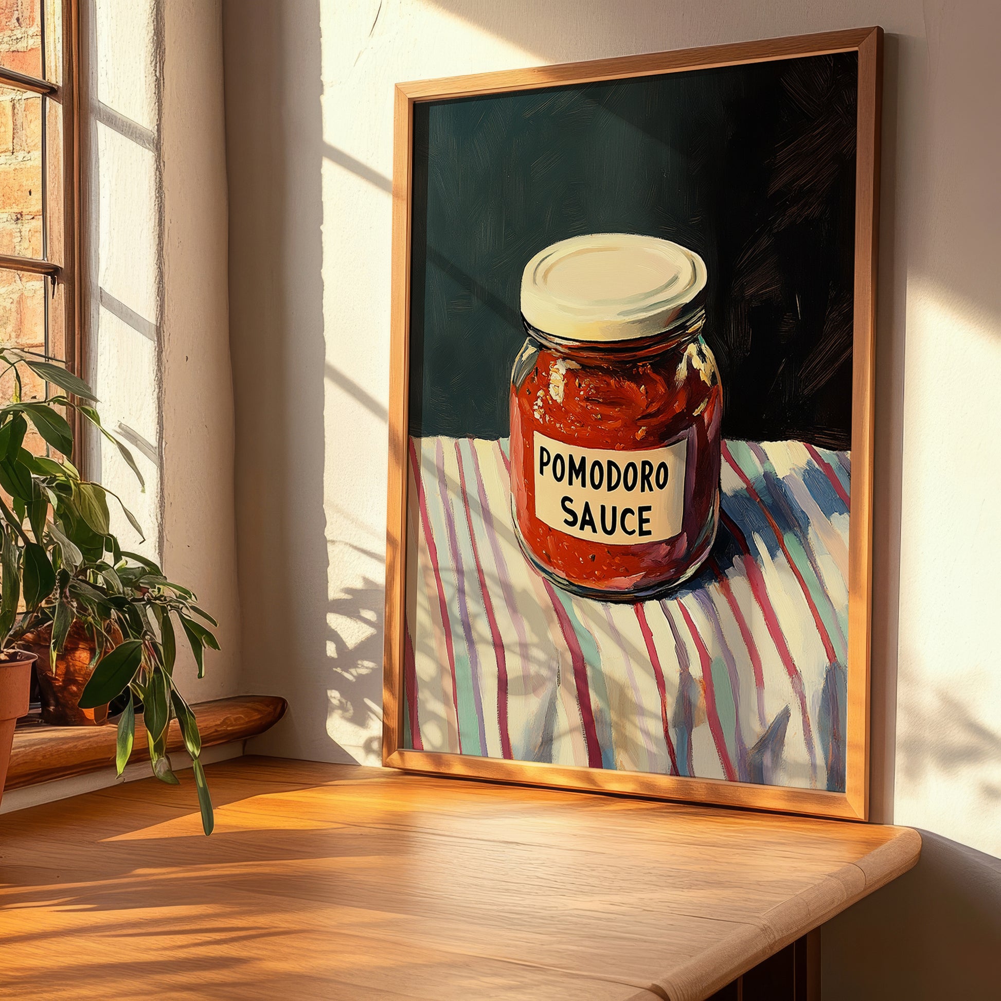 Pomodoro Sauce – on Striped Tablecloth, Grocery Wall Decor, clean layout with no caption