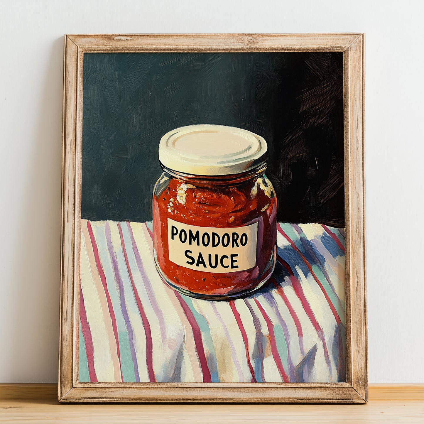 Pomodoro Sauce – on Striped Tablecloth, Grocery Wall Decor, no-text version framed in wood