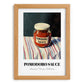 Pomodoro Sauce – on Striped Tablecloth, Grocery Wall Decor, set in oak frame