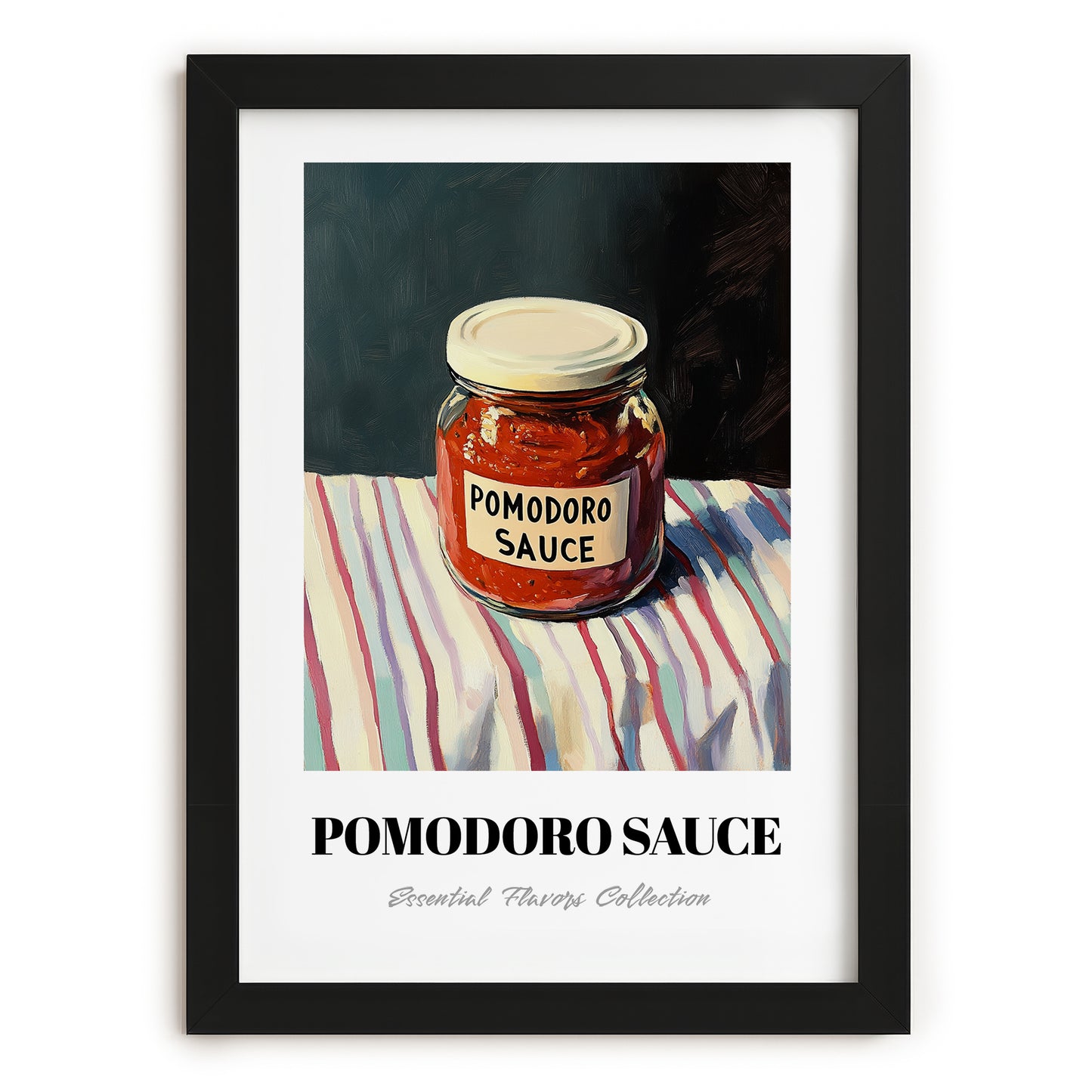 Pomodoro Sauce – on Striped Tablecloth, Grocery Wall Decor, in sleek black frame