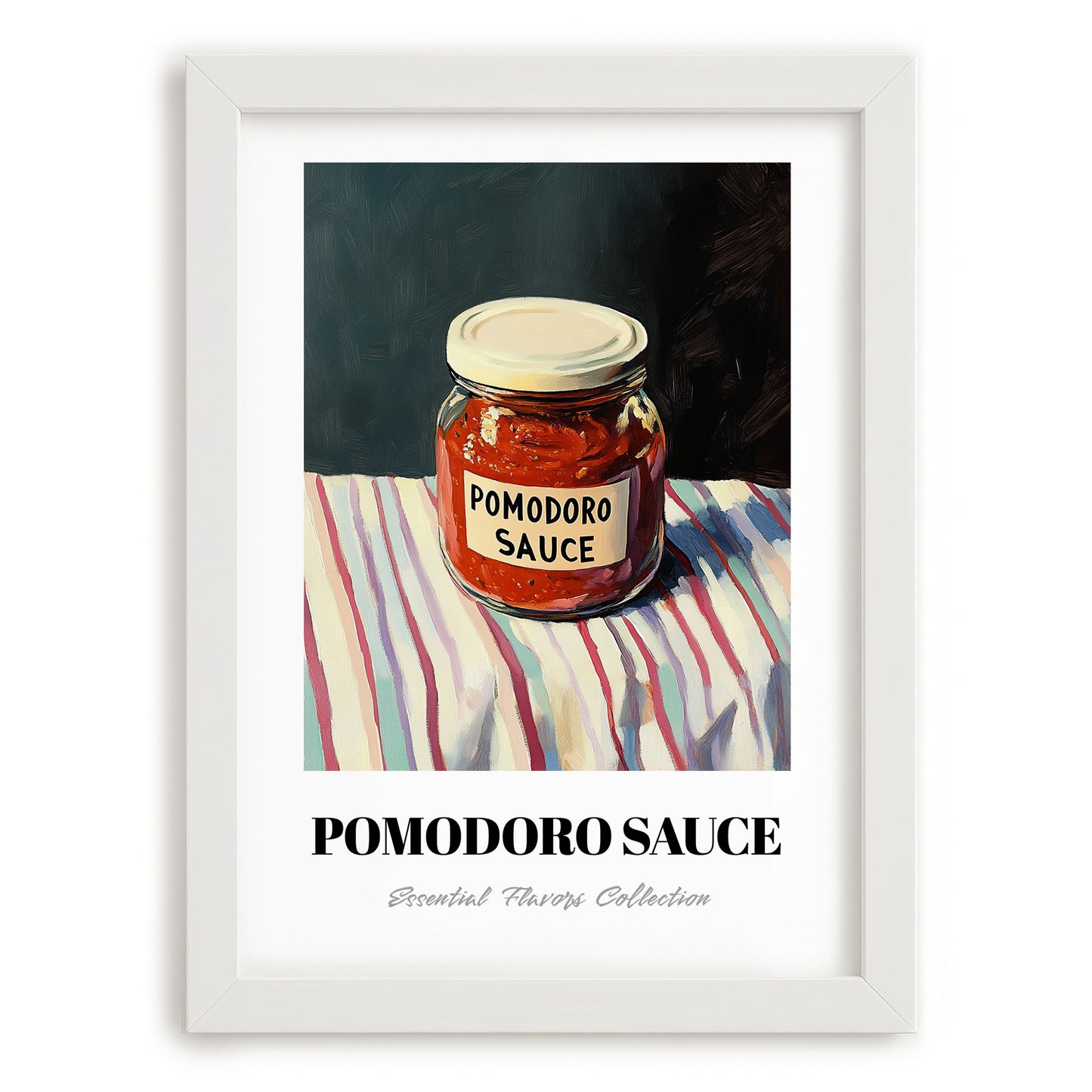 Pomodoro Sauce – on Striped Tablecloth, Grocery Wall Decor, placed in minimal white frame