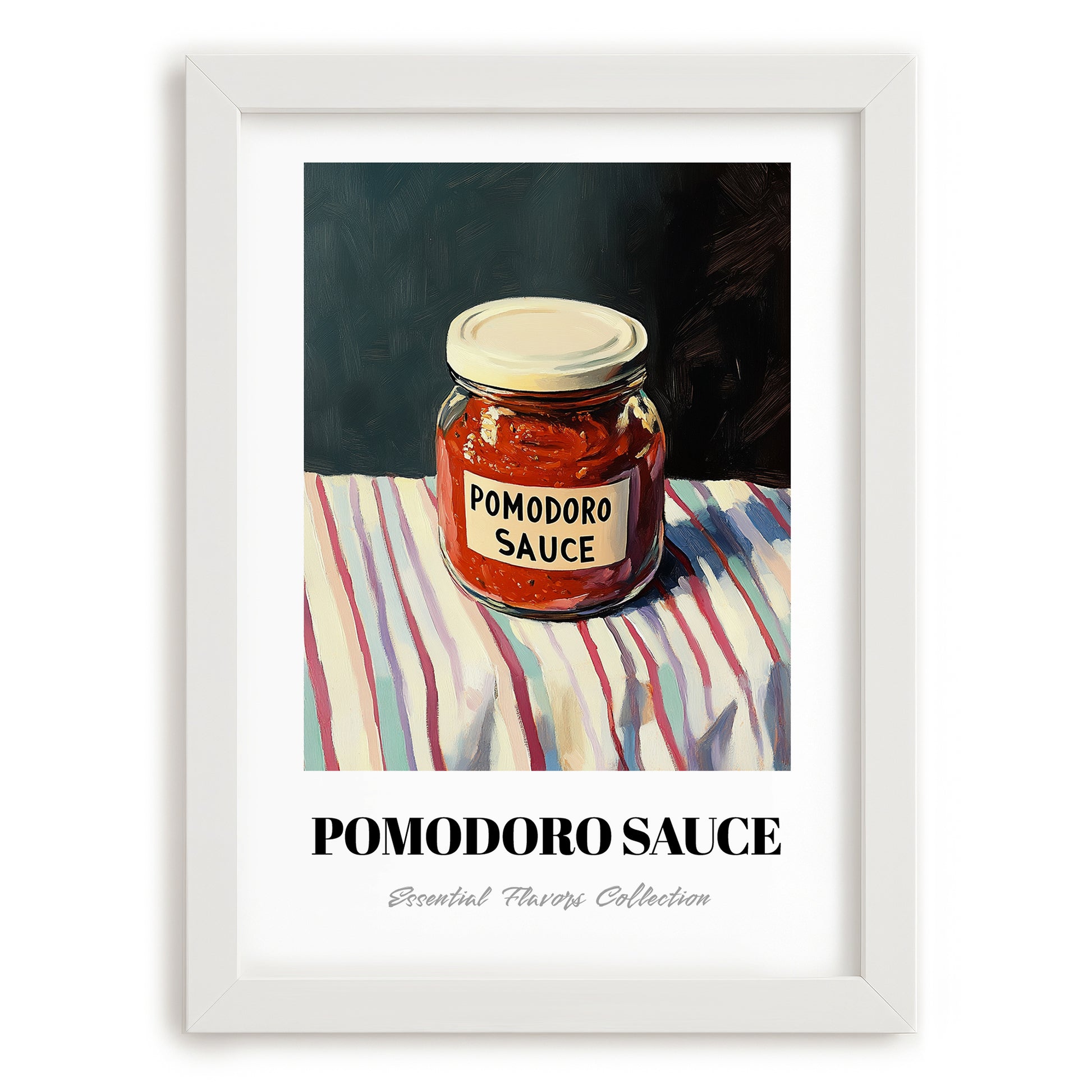 Pomodoro Sauce – on Striped Tablecloth, Grocery Wall Decor, placed in minimal white frame