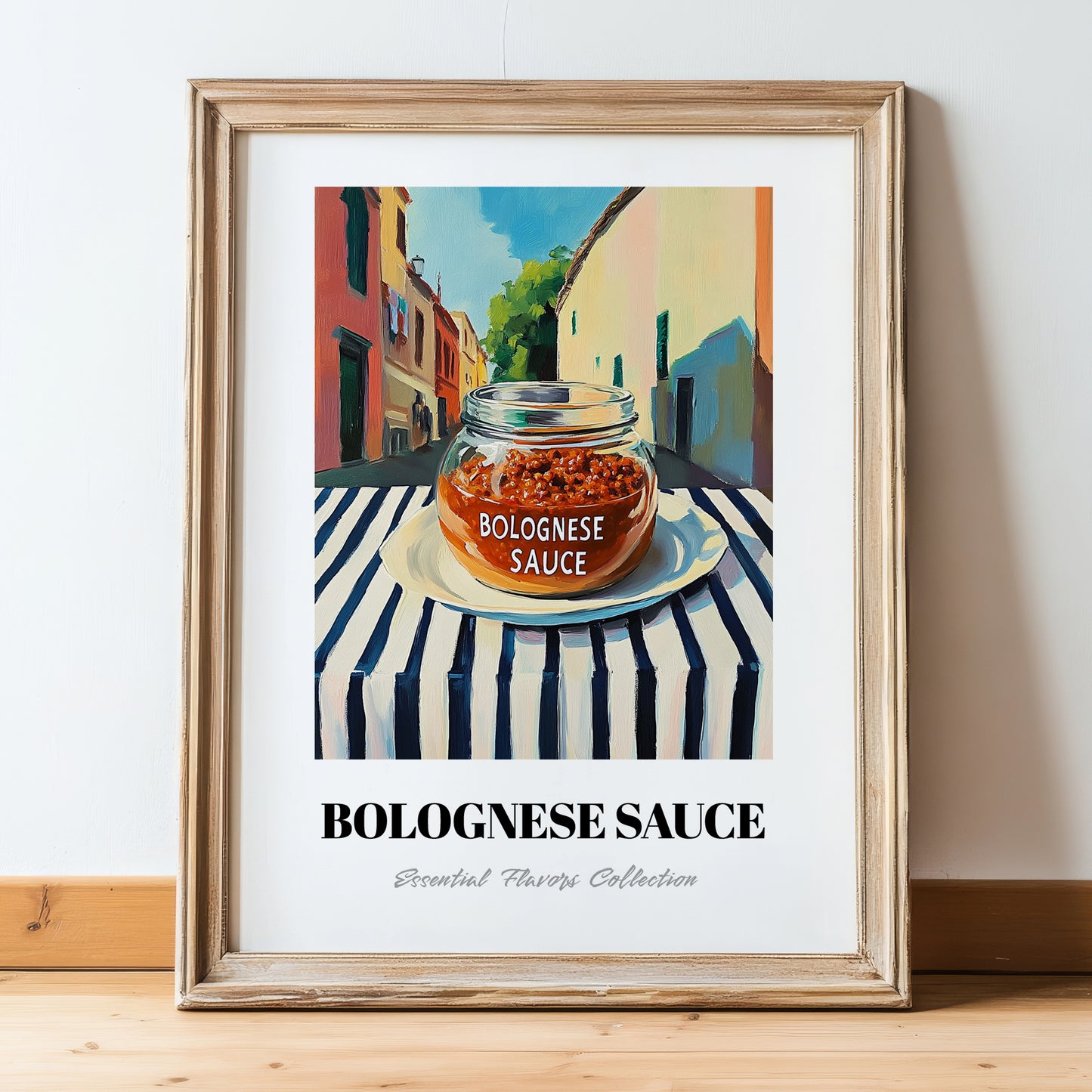 Bolognese Sauce – Italian Street Café Scene, Pantry Print, in wooden frame leaning on the floor