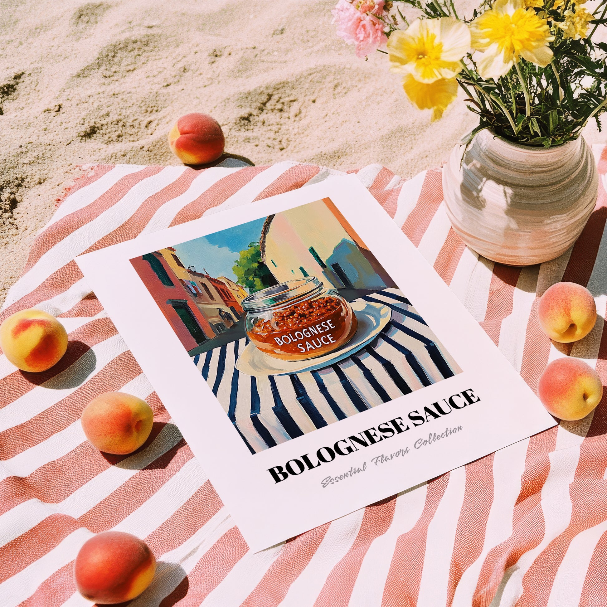 Bolognese Sauce – Italian Street Café Scene, Pantry Print, unframed on coastal sand