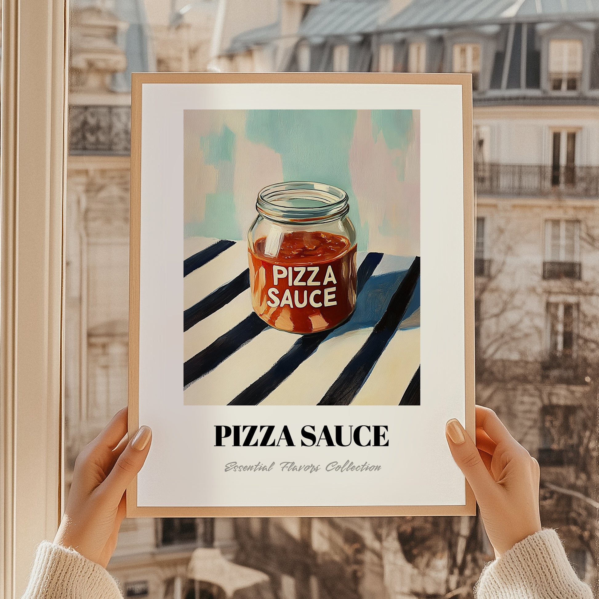 Pizza Sauce – on Striped Tablecloth, Food Stash Wall Decor, styled in a charming Paris street view