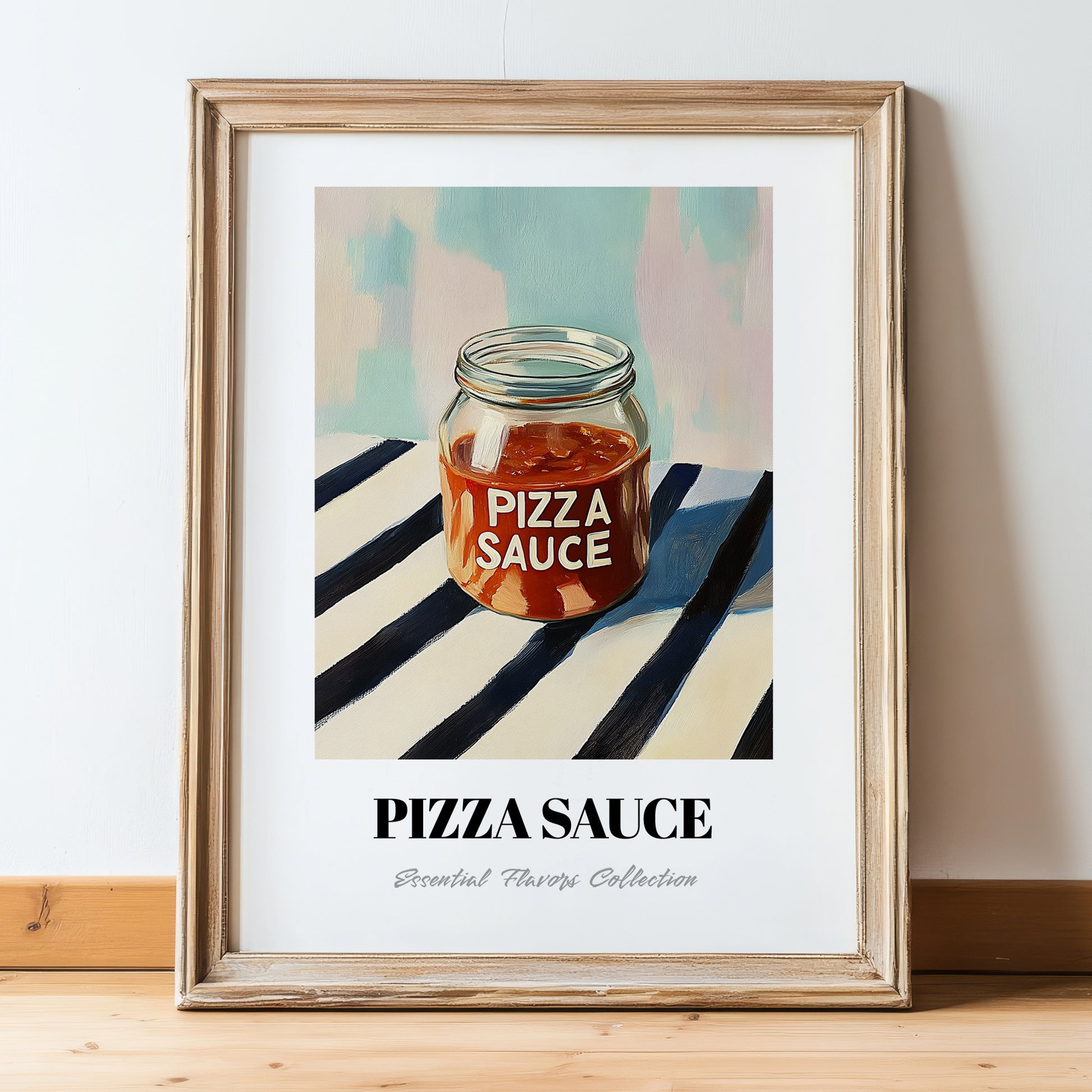 Pizza Sauce – on Striped Tablecloth, Food Stash Wall Decor, in wooden frame leaning on the floor