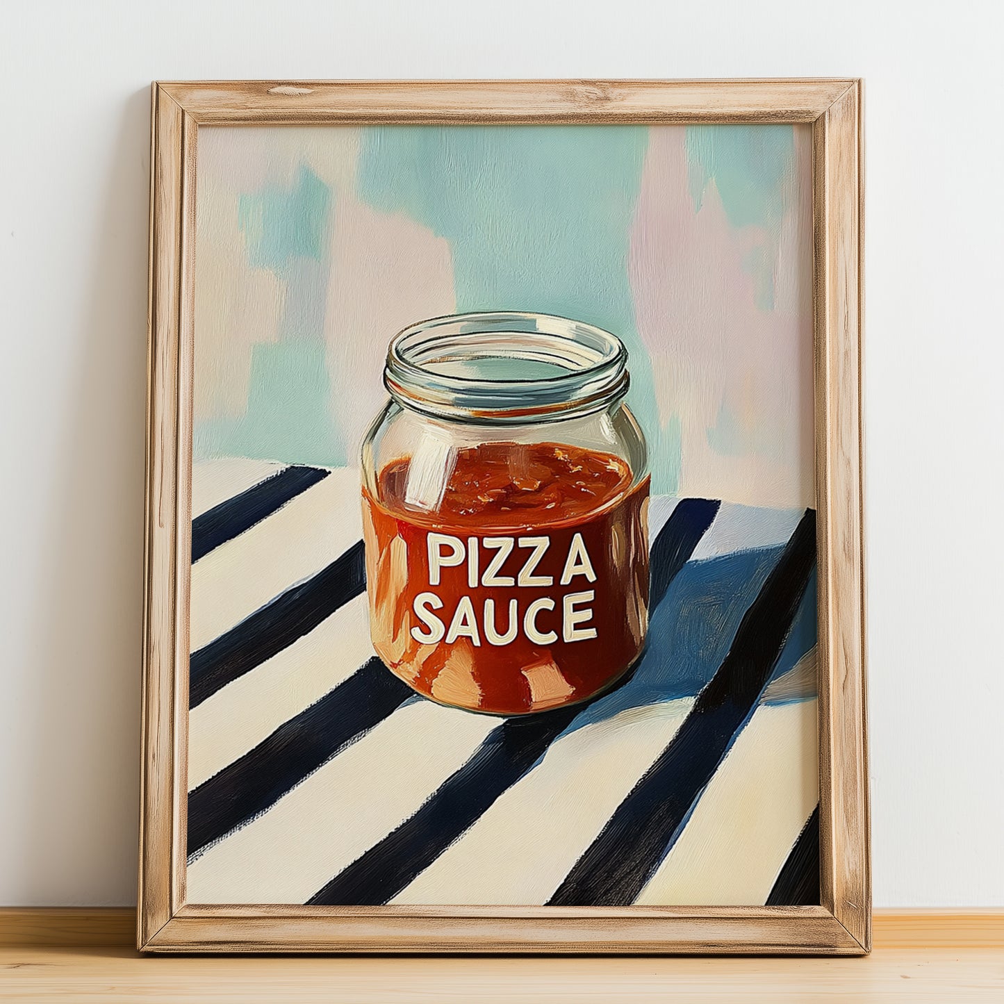 Pizza Sauce – on Striped Tablecloth, Food Stash Wall Decor, no-text version framed in wood